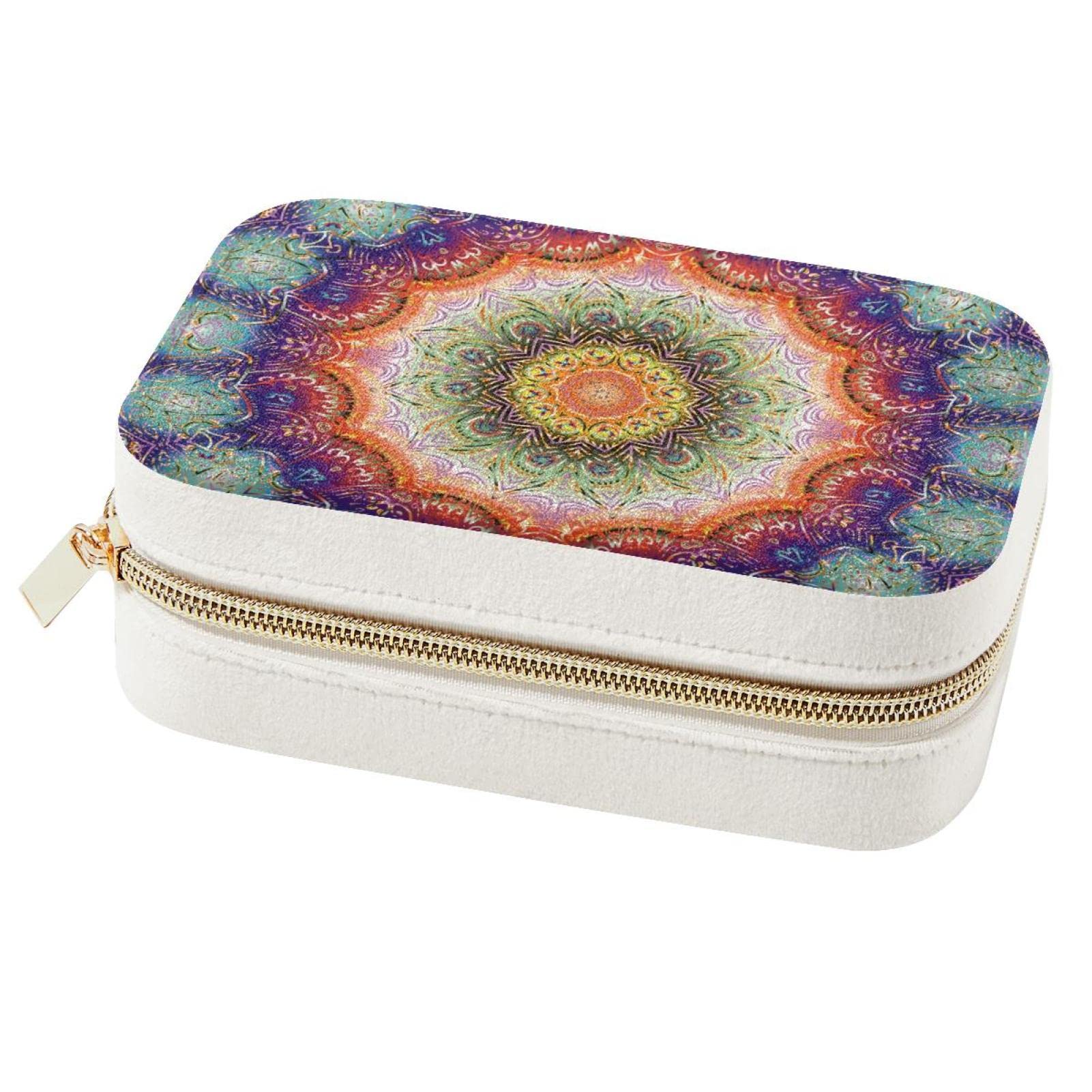 Boîte à bijoux de voyage double couche mandala coloré pour femme