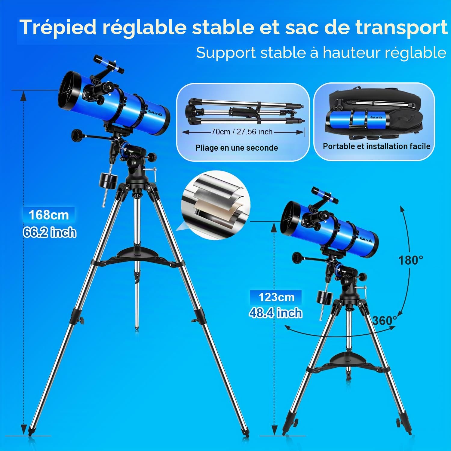 150EQ Télescope Astronomique, Professionnel Newton Réflecteur Télescope pour Adulte et Débutants avec Monture Équatoriale, Adaptateur Téléphone, Filtre Lunaire et Sac de Transport