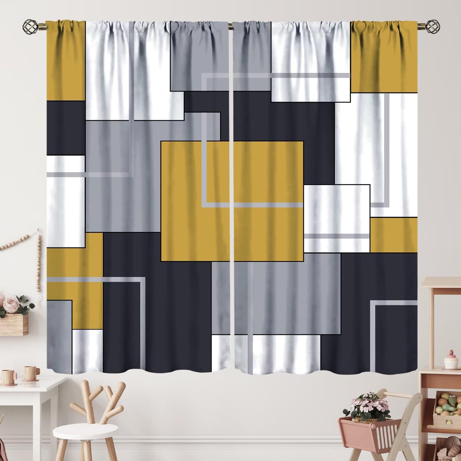 ZhiRain Gold Gray Curtains Modern Black White Geometric Abstract Aesthetic Curtain with Rod Pocket for Bedroom Living Room Home Decor Drapes Window