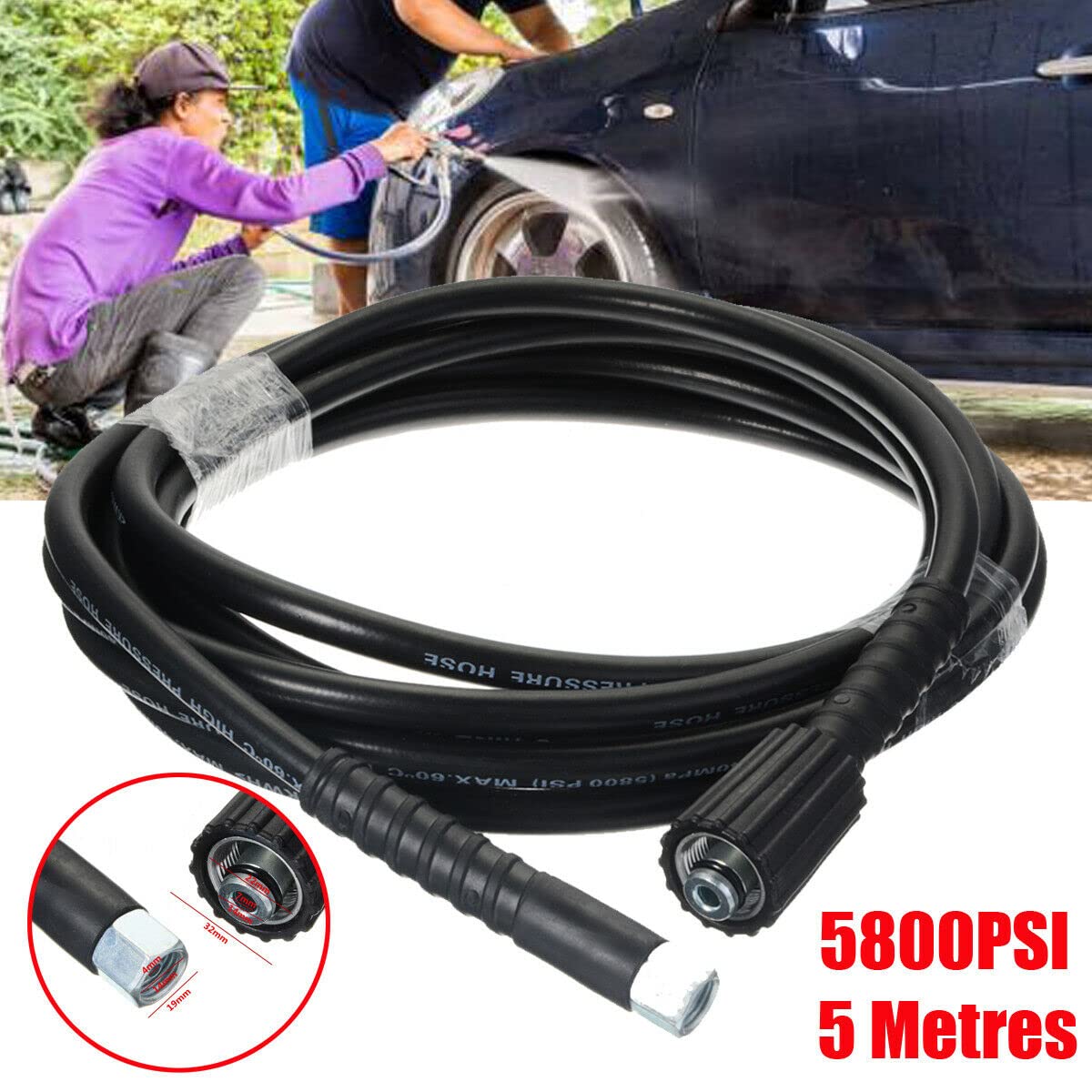YUET Tubo di ricambio per idropulitrice ad alta pressione, 5 m, per lavaggio auto, pulizia giardino, M14 x M22 (15 mm), connettore filettato per acqua e tubo di scarico, 4,9 m