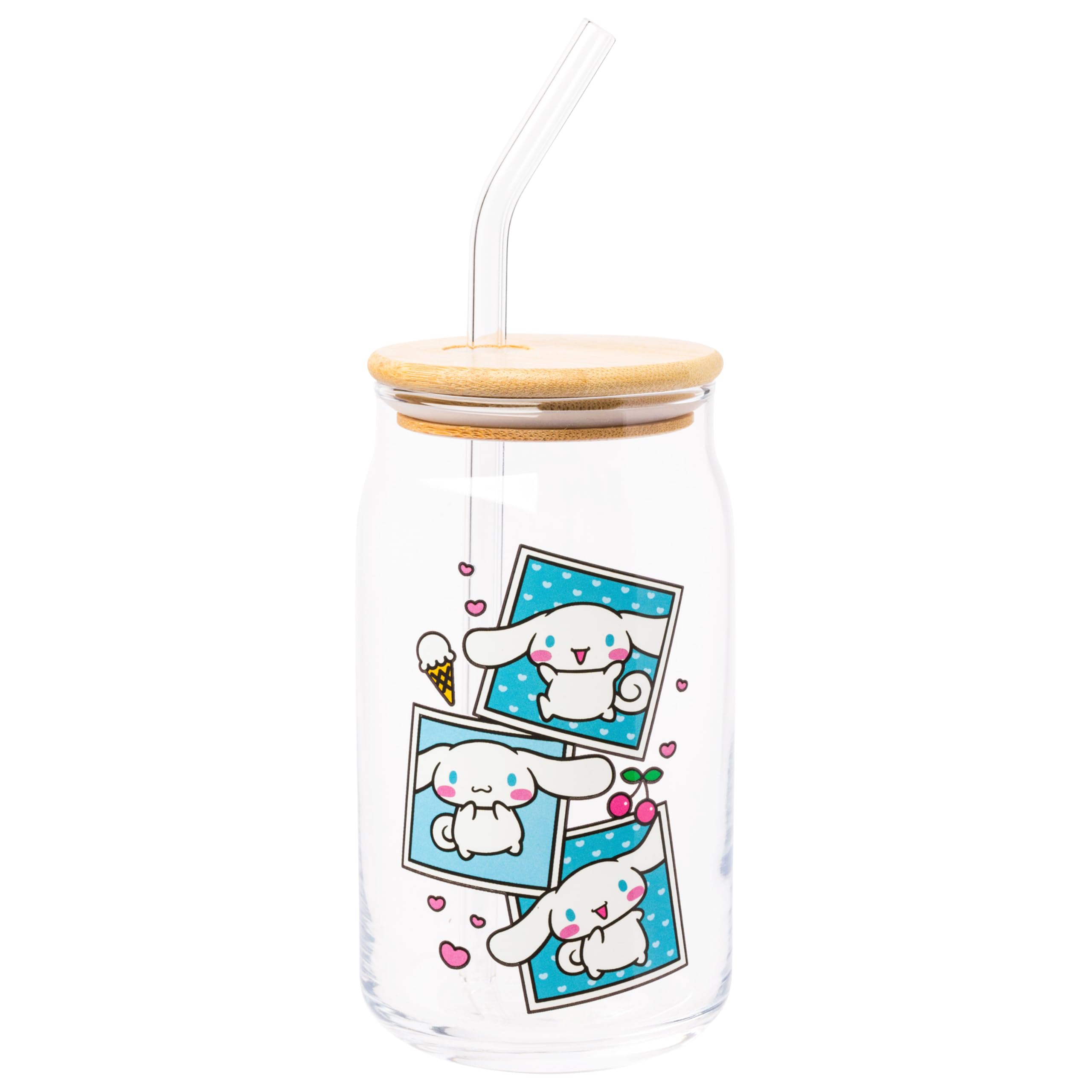 Silver Buffalo Cinnamoroll Polaroids Sanrio Hello Kitty And Friends Glass Jar Tumbler With Bamboo Lid And Glass Straw, 16 Ounces