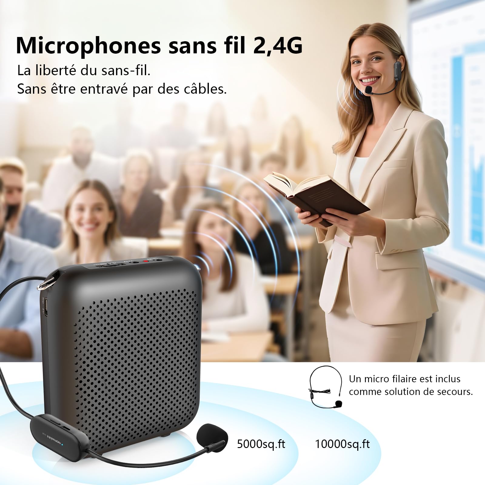 15W Amplificateur Vocal Portable avec Micro sans Fil Bluetooth & Filaire | Portable Amplificateur de voix, Batterie 5200mAh, Type-C Rechargeable, 12h d'autonomie pour Enseignants, Guides, Classe, Yoga