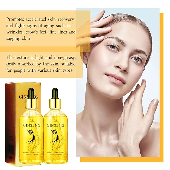 2Pcs Ginseng Polypeptide Anti-Ageing Essence, Ginseng Extract Anti Wrinkle Serum Gold Korean Ginseng Anti Aging Essential Oil for Tightening Sagging Skin Reduce Fine Lines Moisturizer 7 Fl Oz