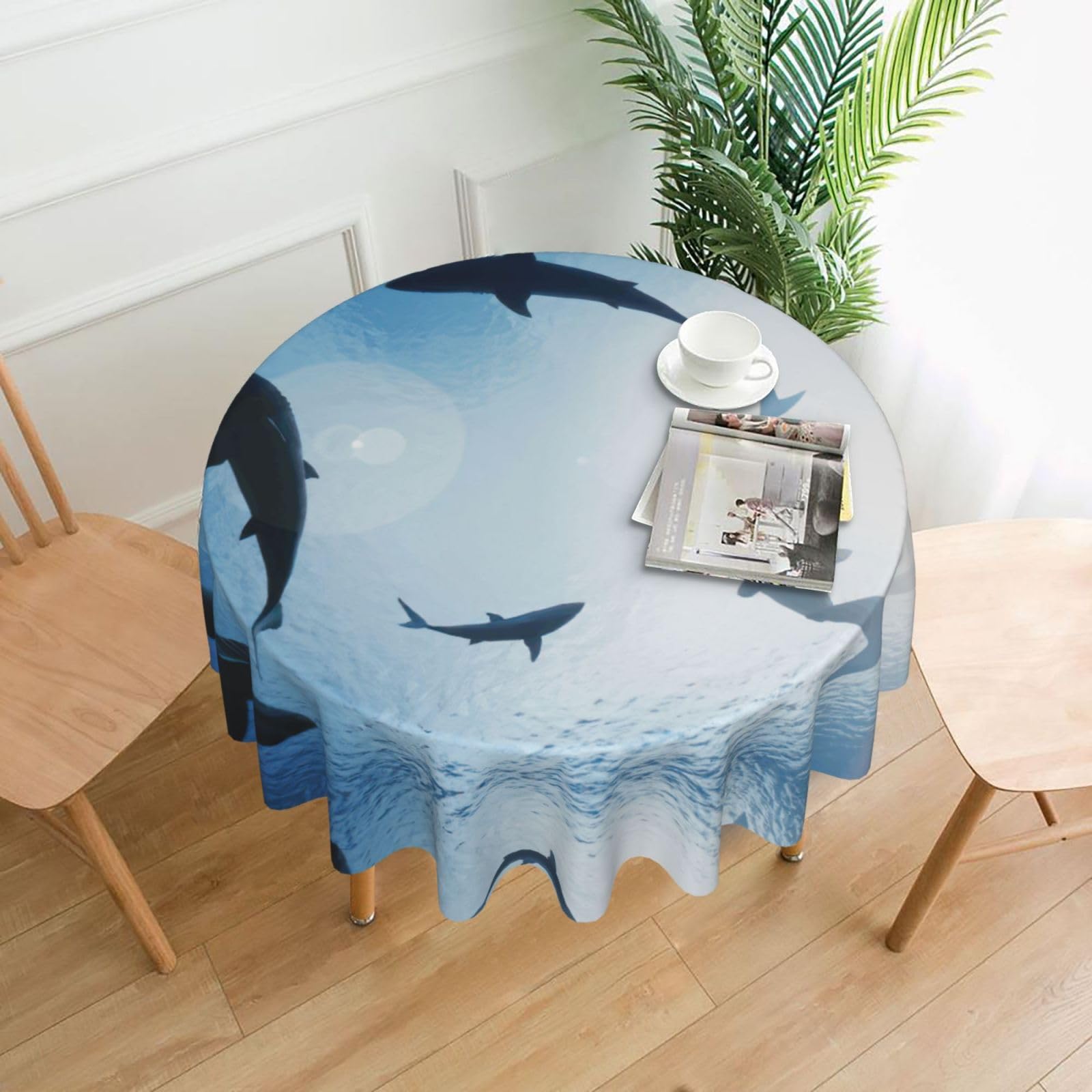 Uusnwaa Ocean Animal Shark Print Round Tablecloth 60 Inch, Stain Wrinkle Resistant Washable Polyester Table Cover For Kitchen Party