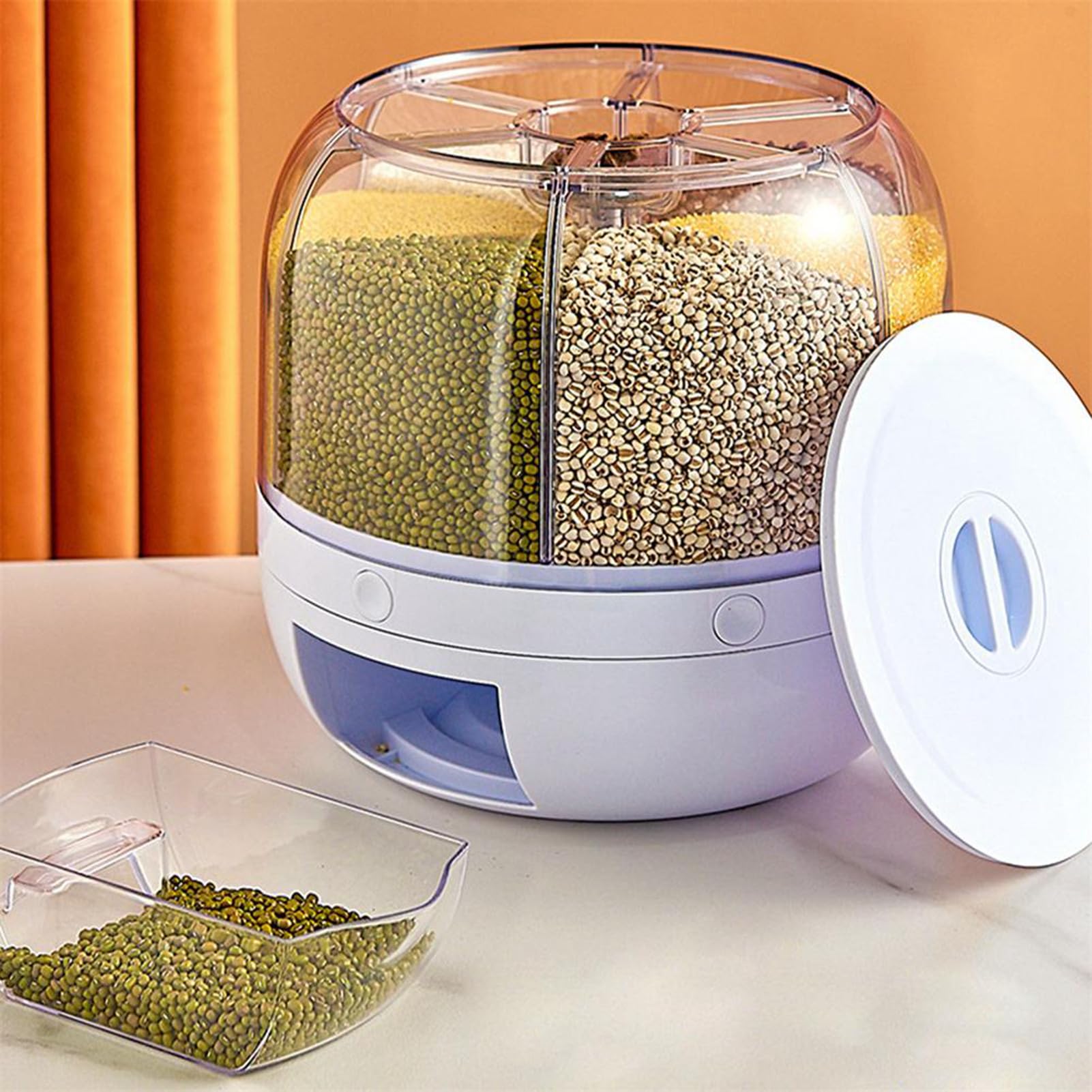EMUKOEP Scatola per la Conservazione degli Alimenti per Cereali Sigillata e Girevole con Dispenser per Riso a 6 Griglie, Design Salvaspazio, Facile Rimozione del Coperchio Superiore, per