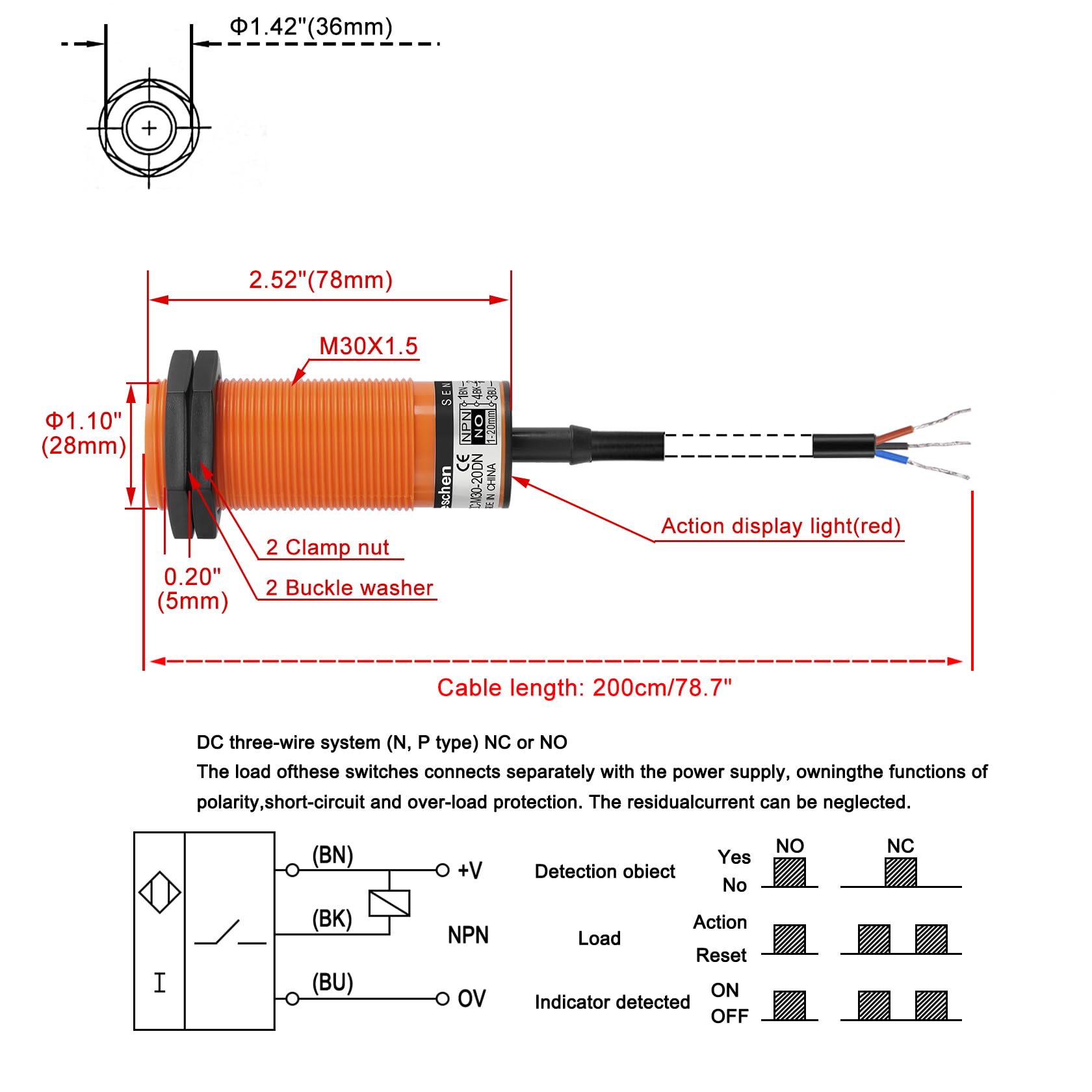 Heschen Pojemnościowy czujnik zbliżeniowy M30, SZC-M30-20DN, odległość wykrywania 1-20 mm, 10-30 V DC, 200 mA, 3-przewodowy nr