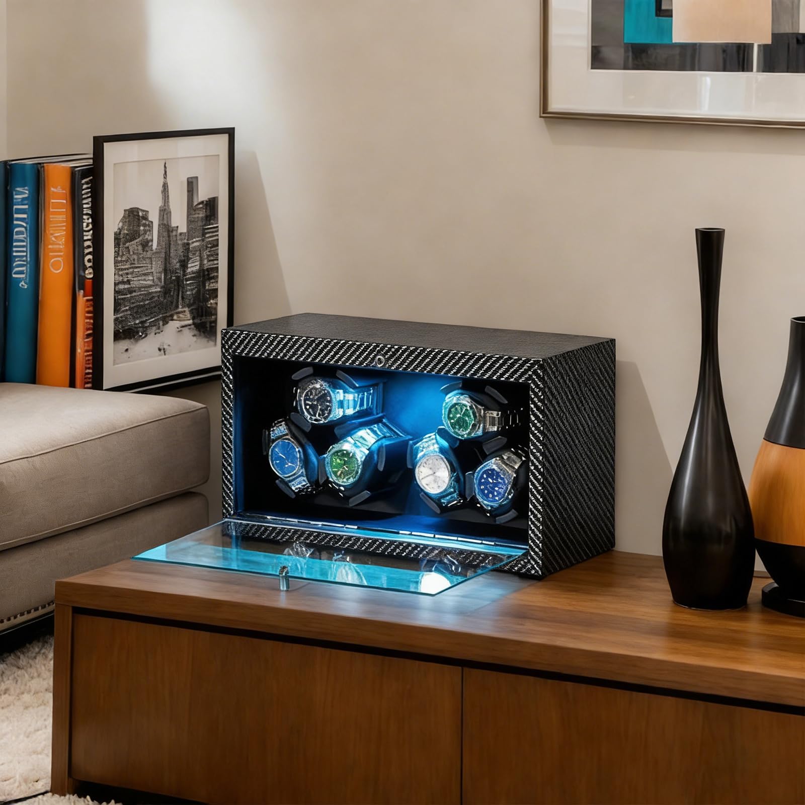 6 Uhrenbeweger für Automatikuhren, Superleiser Motor, 4 Rotationsmodi Mit Led-Leuchten, Einziehbares Kissen, Uhrenbewegerbox FüR Damen- Und Herren-Uhren