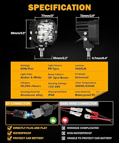 Miniatura 5 de Auxbeam X-PRO Series 80W 9600LM Super Bright Hyperspot Offroad LED Cube Light, foco blanco enfocado en 30 y luz antiniebla ámbar, luz auxiliar