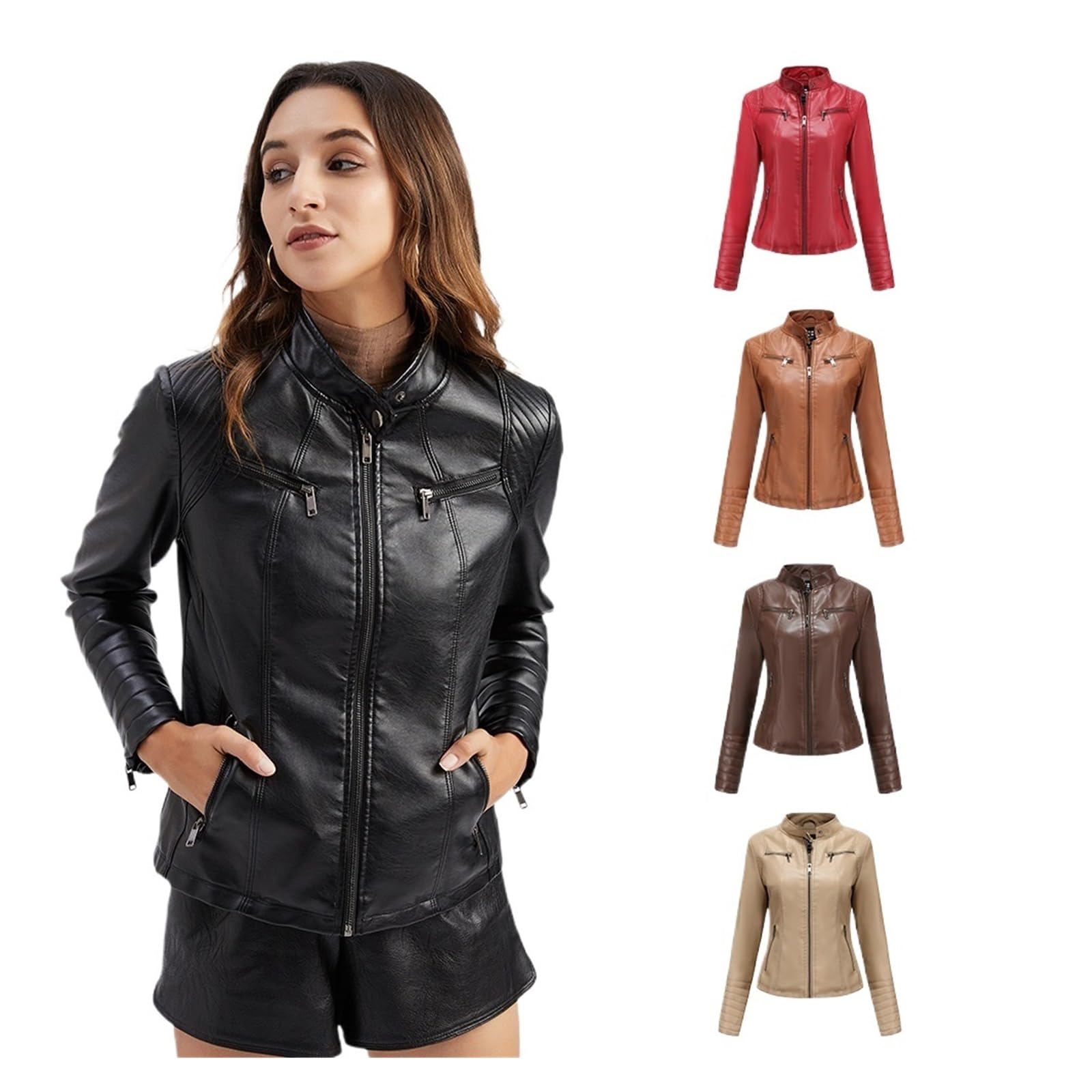 Chaqueta Cuero Mujer Women's Slim Leather Jacket Stand Up Collar Zipper Stitching Monochromatic Coat Para salir