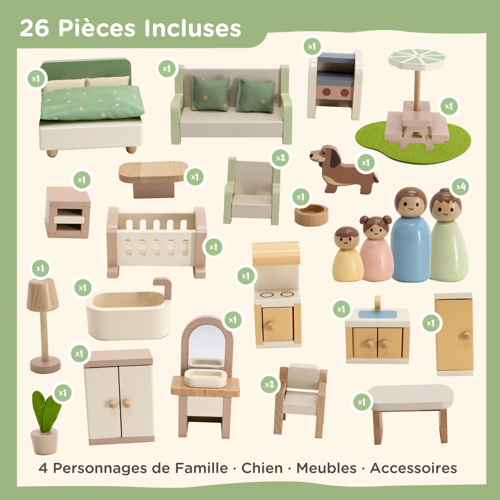 Nene Toys Maison de Poupée en Bois avec Meubles, 3 Étages, Dès 3 Ans
