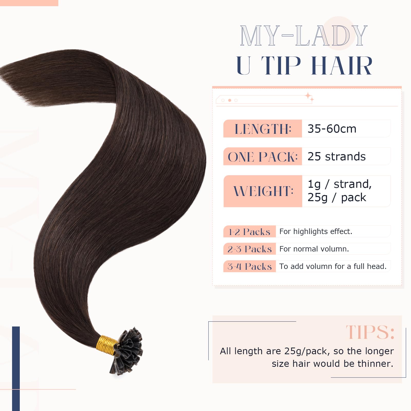 MY-LADY U Tip Hair Extensions Real Human Hair #2 Dark Brown 14 Inch Straight Pre Bonded Hair Extensions Natural & Silky 25g - Image 2