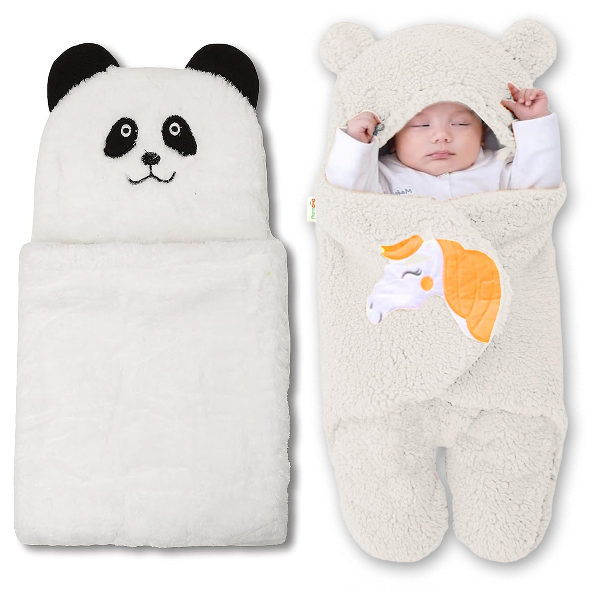 OYO BABY Newborn Baby Blanket Combo Pack – Hooded Wrapper Sleeping Bag & Baby Bath Towel (0-12 Months, Boys & Girls, Flannel, White Panda & Unicorn White, Pack of 2)