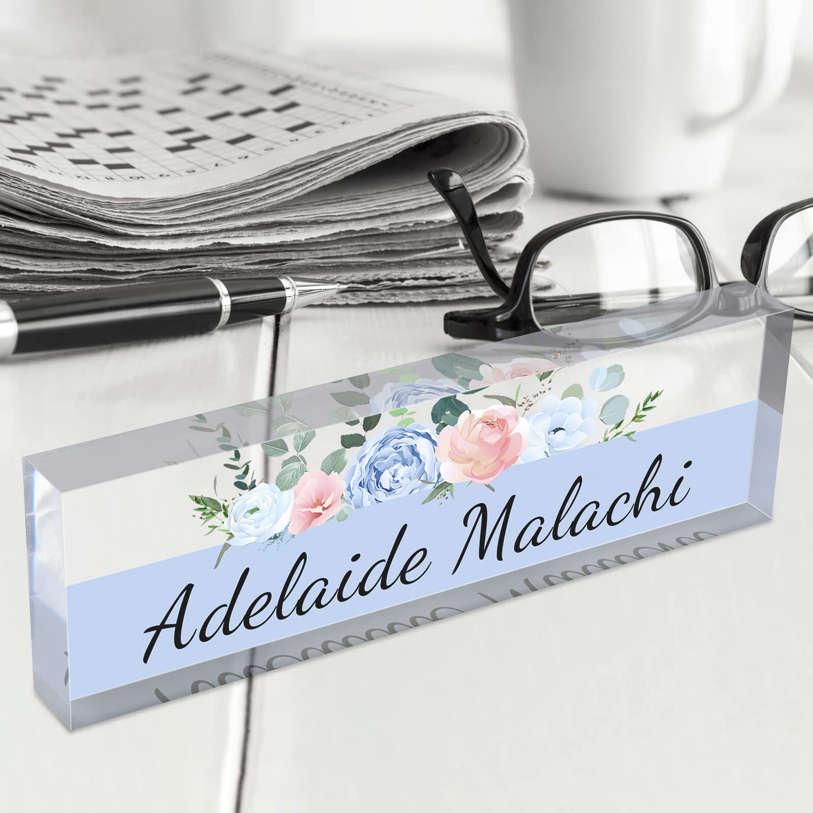 Personalized Acrylic Desk Name Plate - 8x2.5 Inch Clear Office Name Plaque For Men & Women
