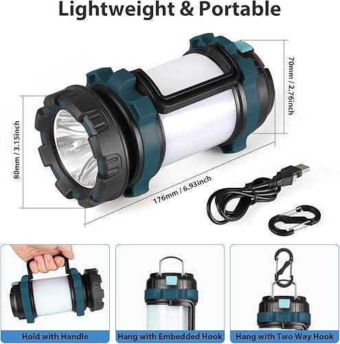 Miniatura 4 de Paquete de 2 linternas de campamento, luz LED para acampar al aire libre, linternas recargables con 1000 lm, 6 modos, banco de energía de 4000 mAh,