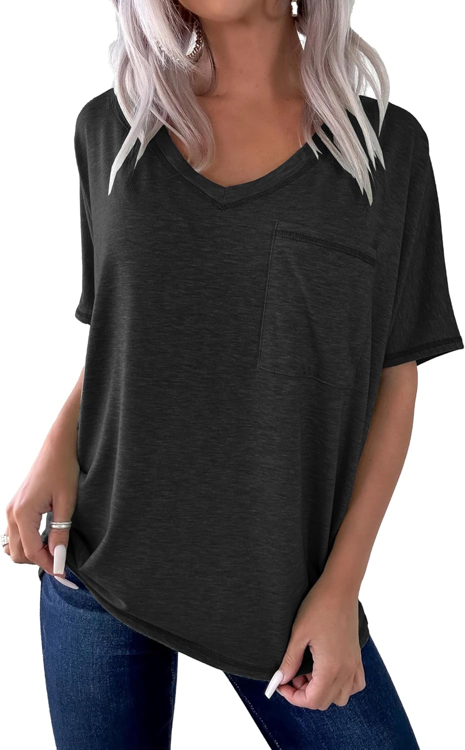 HERILIOS Women's Oversized T-Shirt Short Dolman Sleeve V-Neck Tee Boxy Fit Drop Shoulder Top Loose Shirt with Chest Pocket