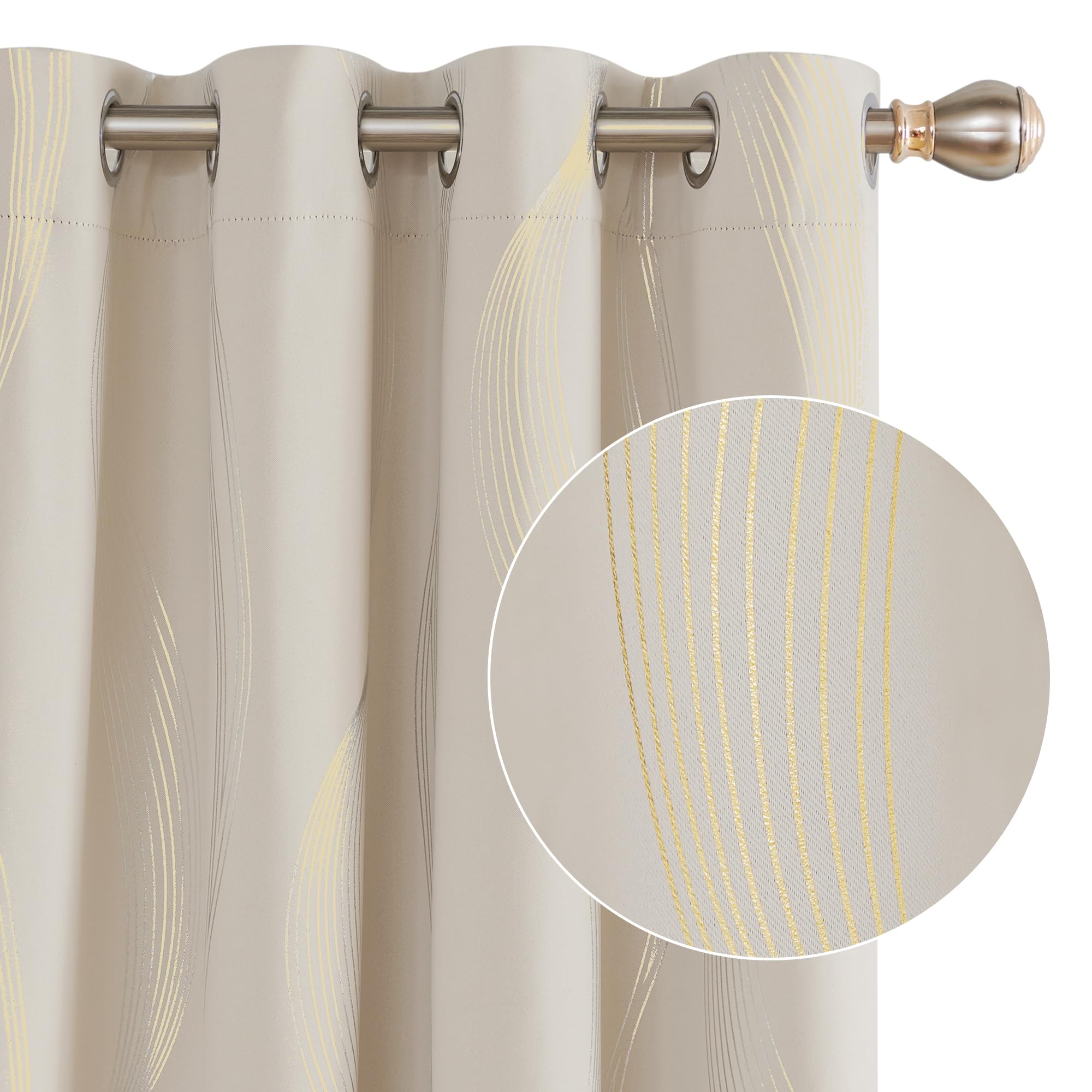 Deconovo Blackout Eyelet Curtains Thermal Insulated Gold Wave Line Foil Printed Curtains for Bedroom 52x84 Inch Beige 2 Panels