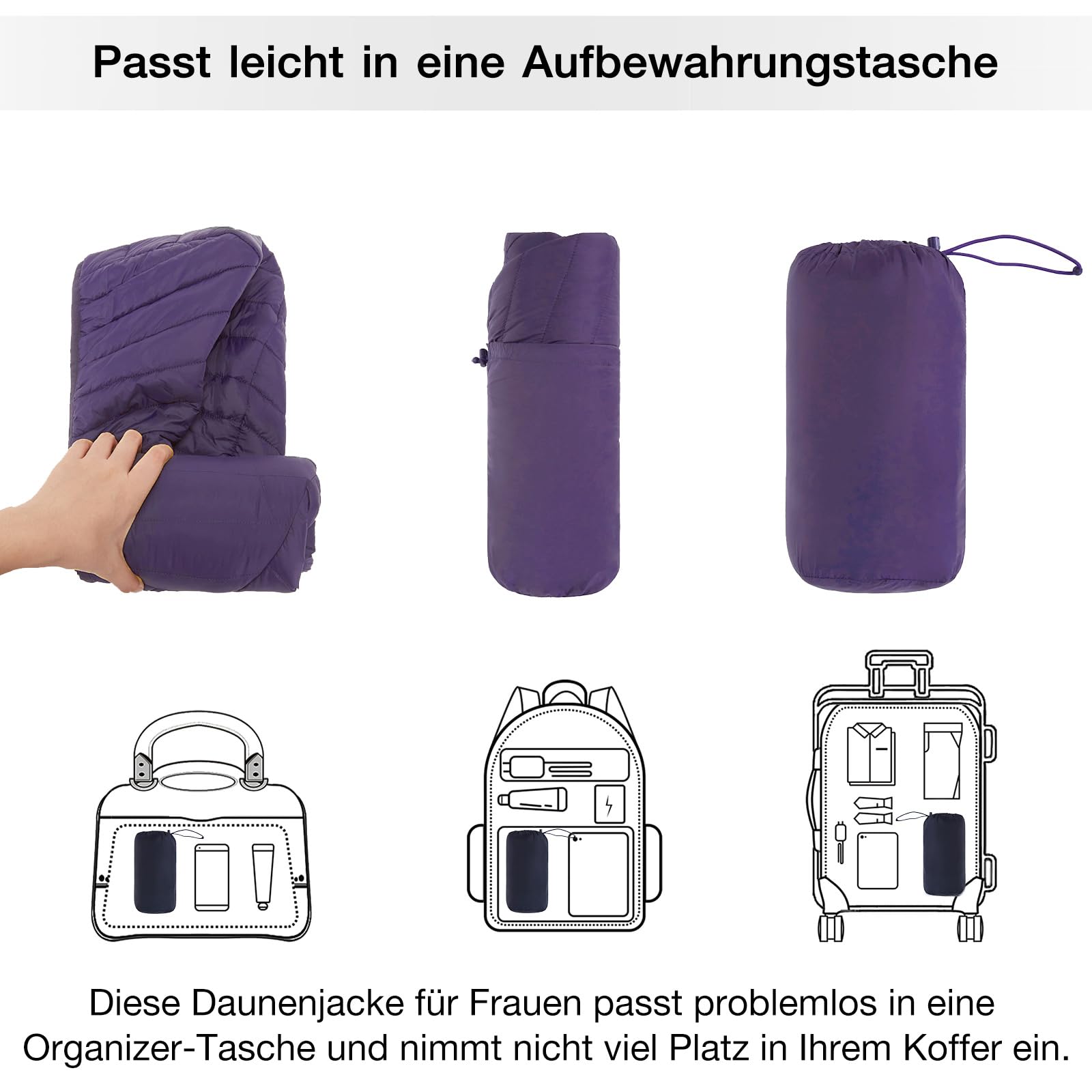 OutPro Piumino da donna leggero e avvolgente, giacca invernale calda con cappuccio, per attività all'aria aperta, calda fodera in policotermico con tasche per il tempo libero, le escursioni, i viaggi