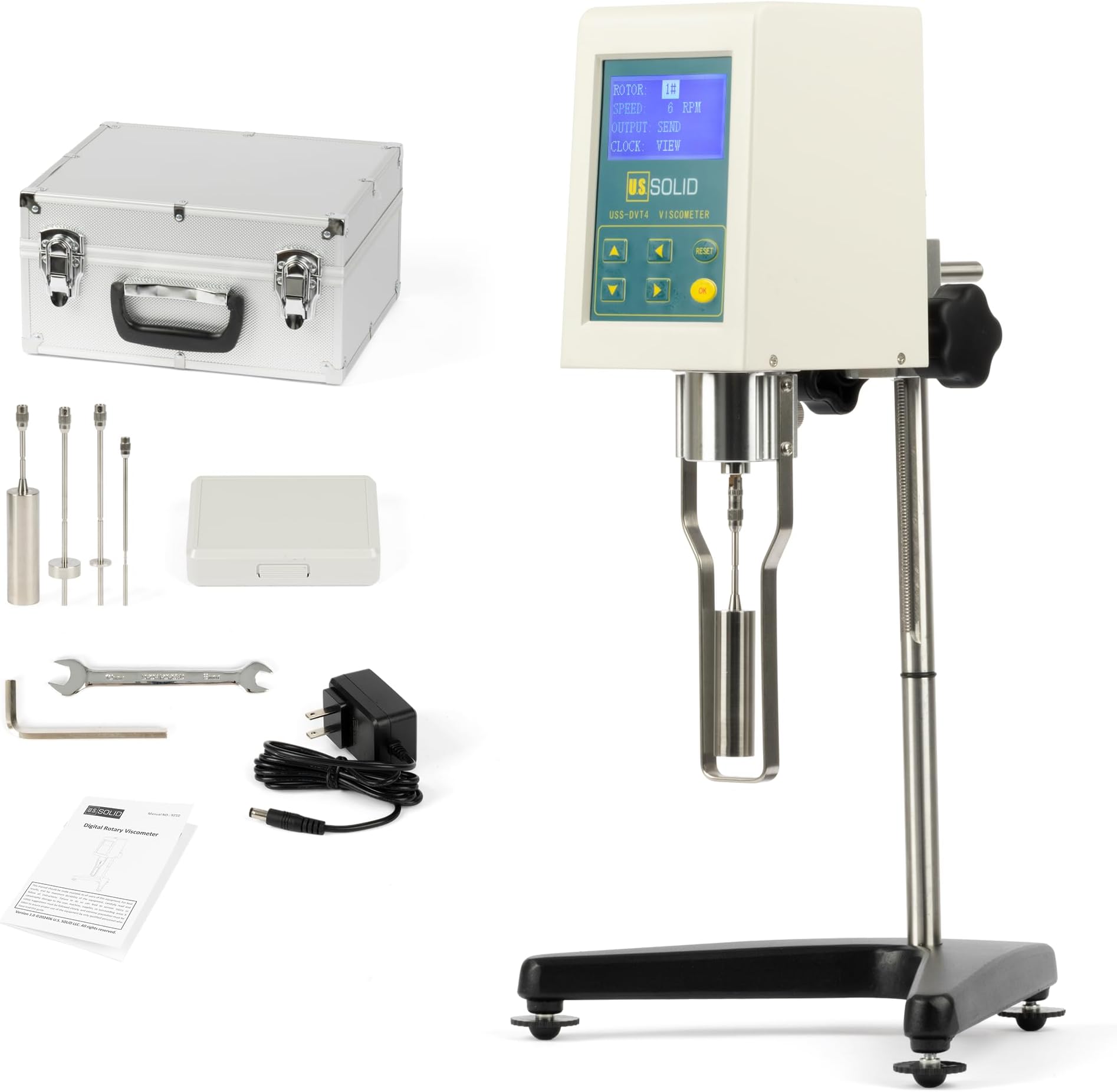 U.S. Solid Rotary Viscometer, Viscosity Meter 10-100,000 mPa with 4 Rotors, ±2% Accuracy, LCD Display, 100-240V, for Laboratory/Industrial Use