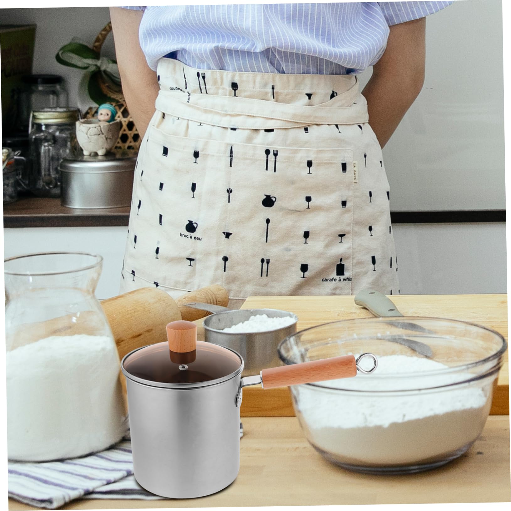 NAMOARLY Stainless Steel Deep Fryer Efficient Deep Pot Home Use Easy to Handle Wood Handle Design