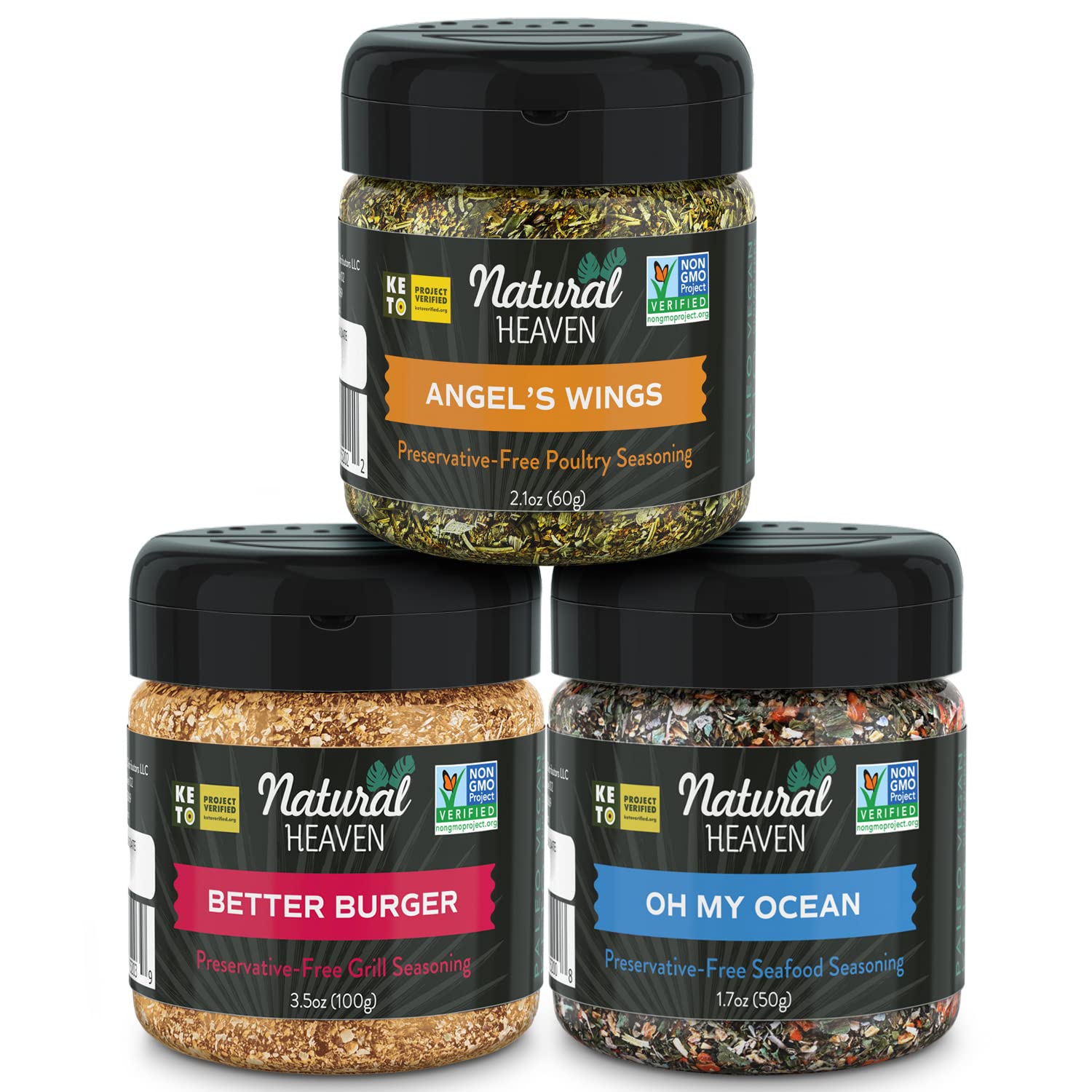 Natural HeavenSeasoning Protein Pack, Hamburger Meat Grill Seasoning (3.5 Oz), Chicken Seasoning (2.1 Oz), Salmon Seasoning (1.7 Oz) for Cooking & Grilling, Vegan, Keto, Sugar Free & Gluten Free