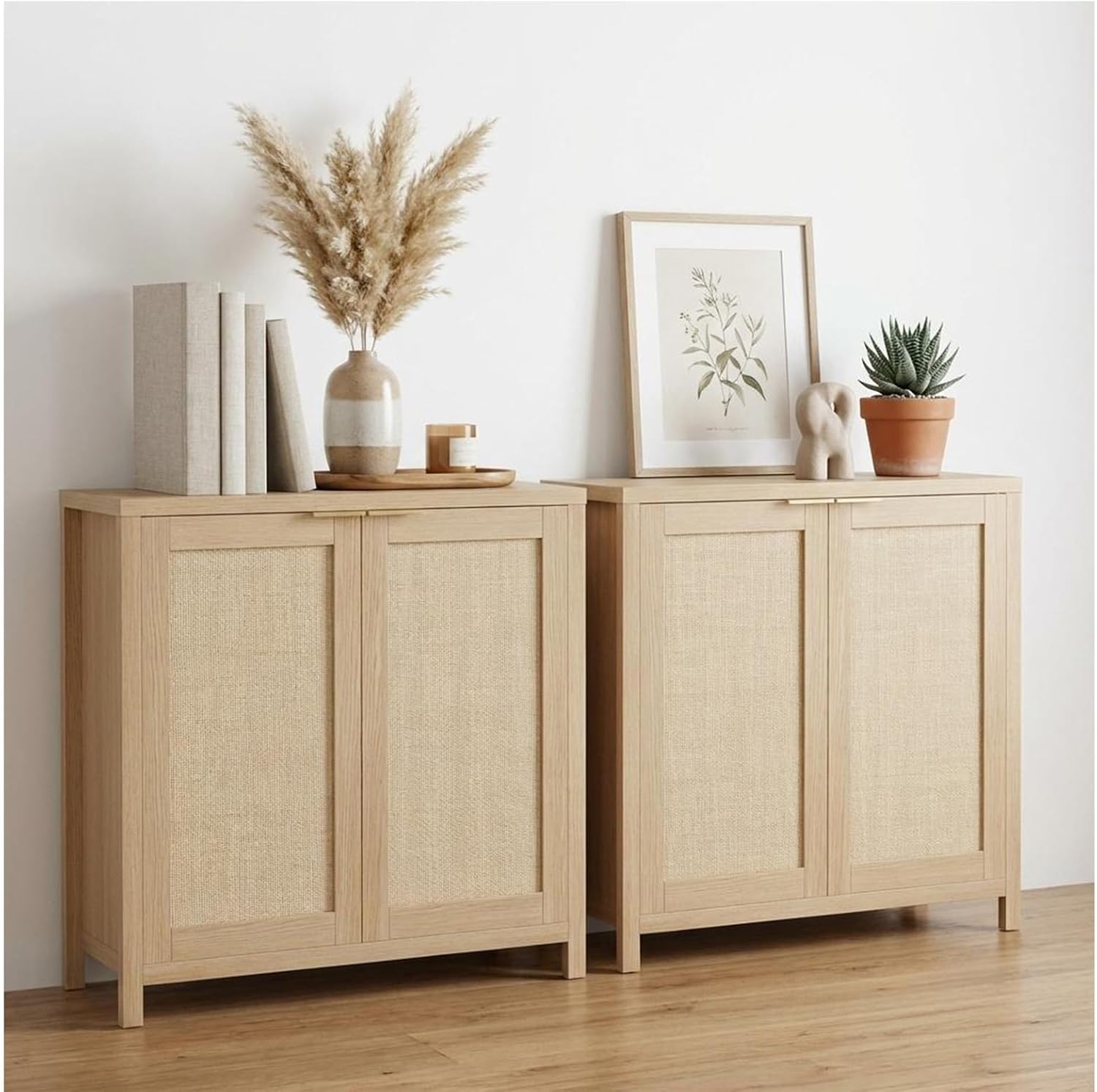 Boho Rattan Sideboard Buffet Cabinet – 34 Inch, Adjustable Shelves, Freestanding Entryway Storage, Dining & Living Room Organizer, 2 Pack – Light Color