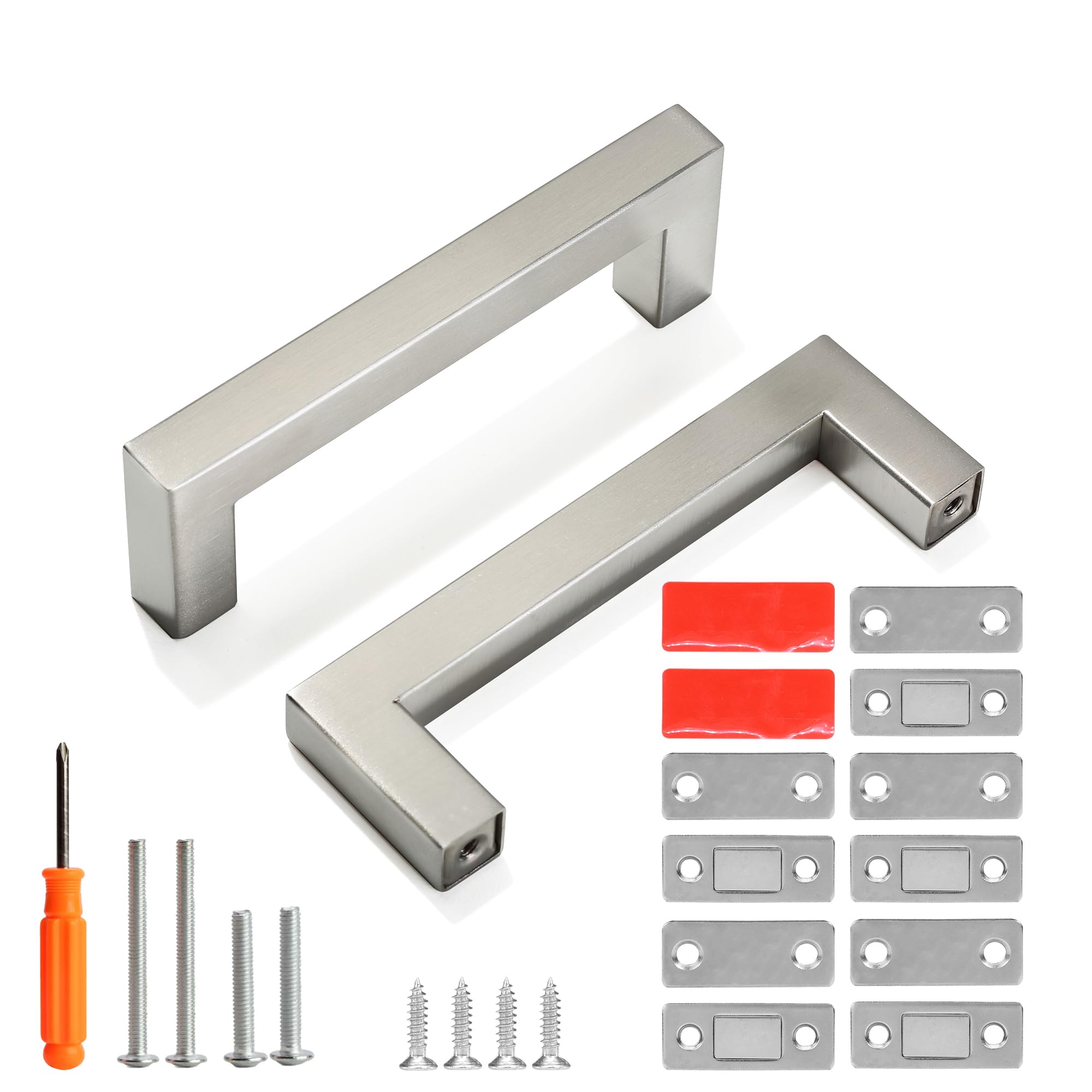 Redunest Cabinet Pulls Brushed Nickel Cabinet Handles 5 Pack 3-3/4 Inch Square Drawer Pulls and 5 Pack Cabinet Magnetic Catch, Stainless Steel Kitchen Door Cupboard Cabinet Handles, 96mm Hole Centers