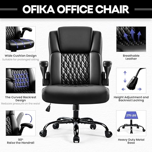 Miniatura 4 de OFIKA Silla de escritorio de oficina de cuero, silla de oficina ergonómica con soporte lumbar, silla de computadora, silla ejecutiva de cuero con