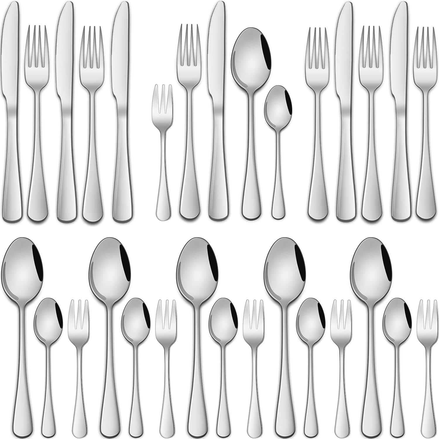 Cutlery Set for 6 People, 30-Piece Stainless Steel Cutlery Set with 6 Knives, Forks, Tablespoons, Teaspoons and Coffee Spoons, Mirror Polished, Rustproof, Dishwasher Safe, Silver