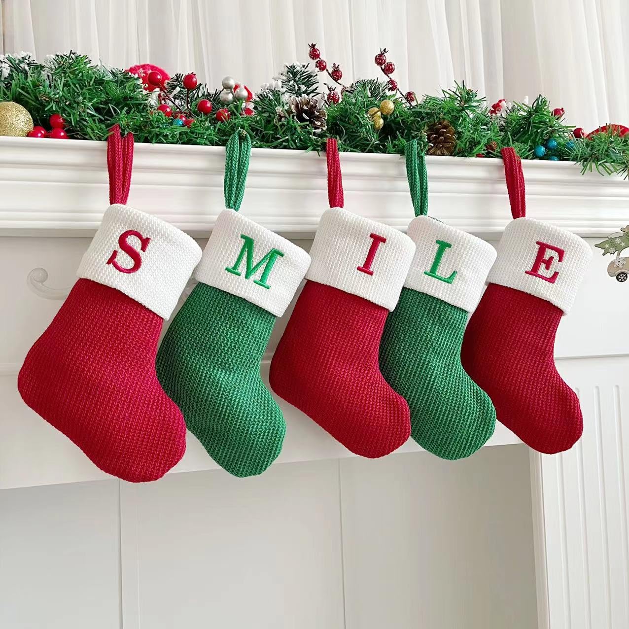 3-Pack Christmas Stockings - Small Cable Knit Holiday Hanging Decor In Red, Green, And White - View #3