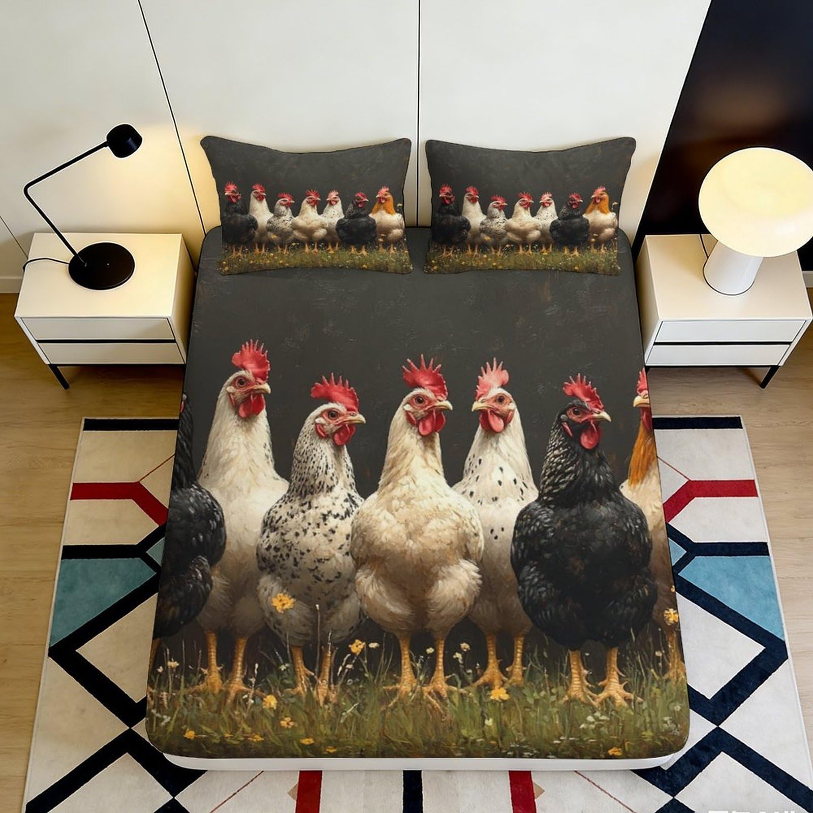 3D Printed Chicken Farm Fitted Sheet Microfiber Soft Breathable Rooster Bed Cover for Bedroom Guest Room Decor 90x200x25cm