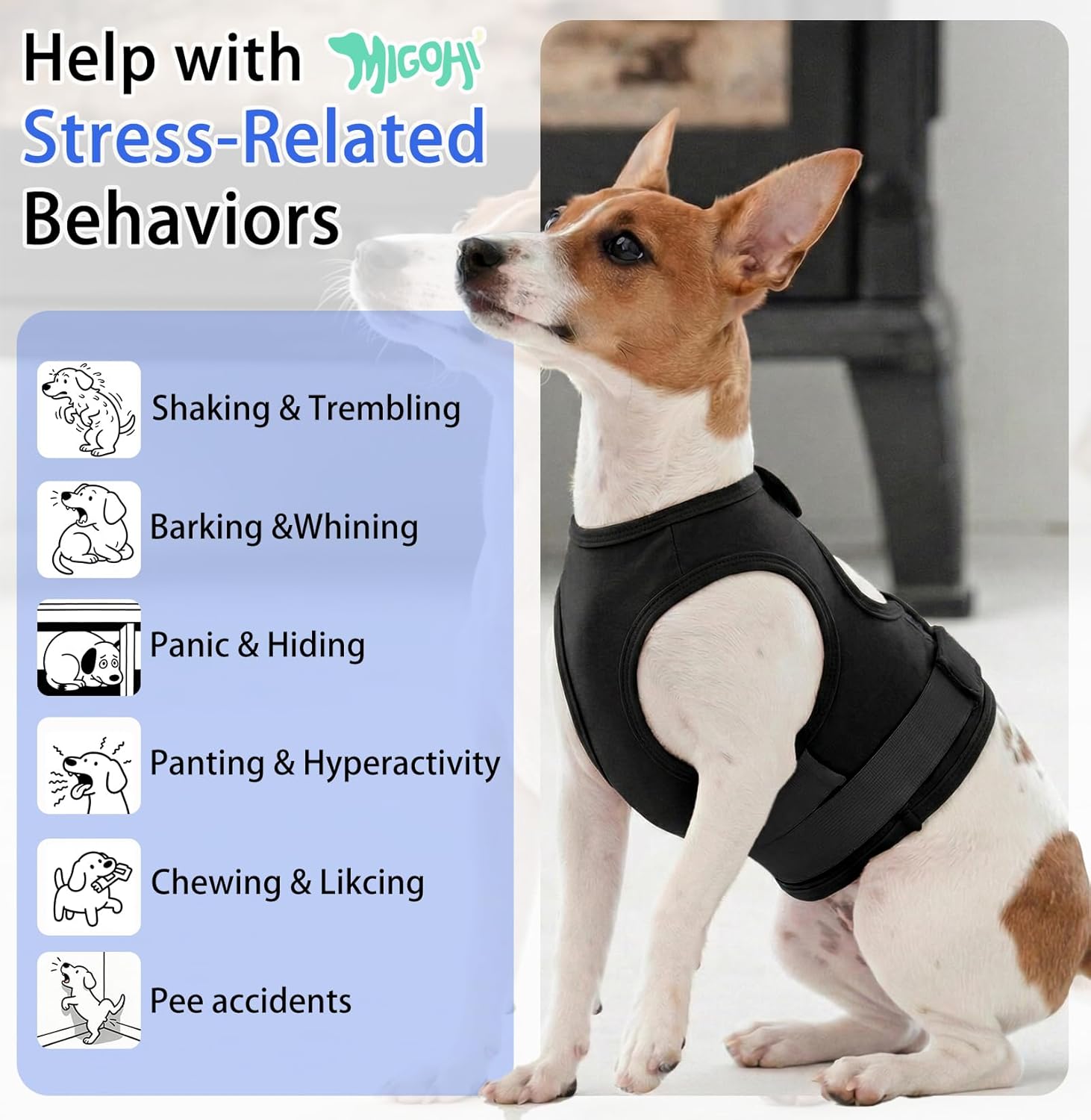 MIGOHI Dog Anxiety Relief Jacket, Breathable Calming Shirt for Dogs, Soft Compression Vest for Thunderstorm, Fireworks, Separation - Dog Anxiety Calming Wrap Helps Stop Shaking & Barking, Black M