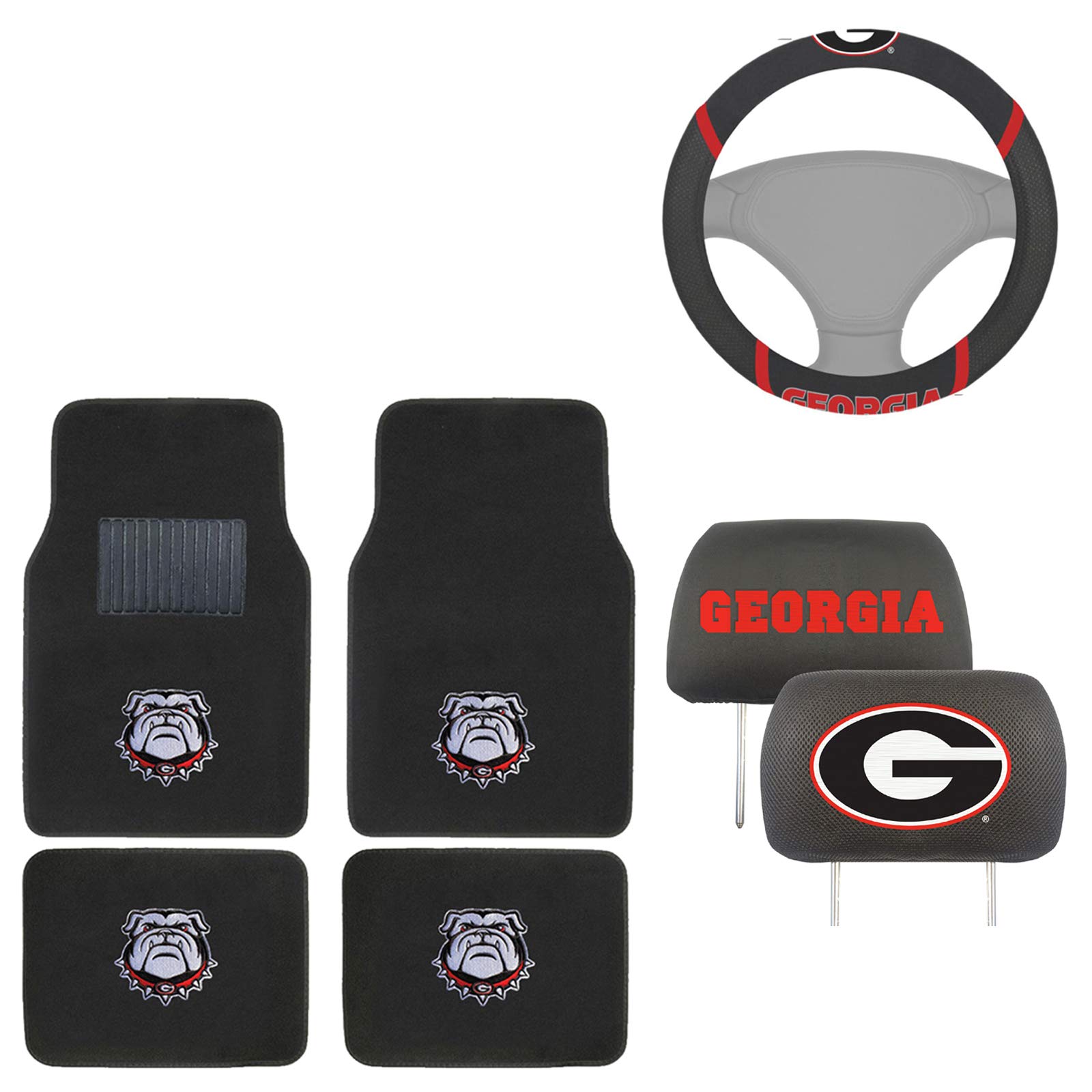 AAC FANMATS NCAA Mascot Carpet Floor Mats Bundle with Head Rests and Steering Wheel Cover for Georgia Bulldogs Fans Officially Licensed(7 Items)