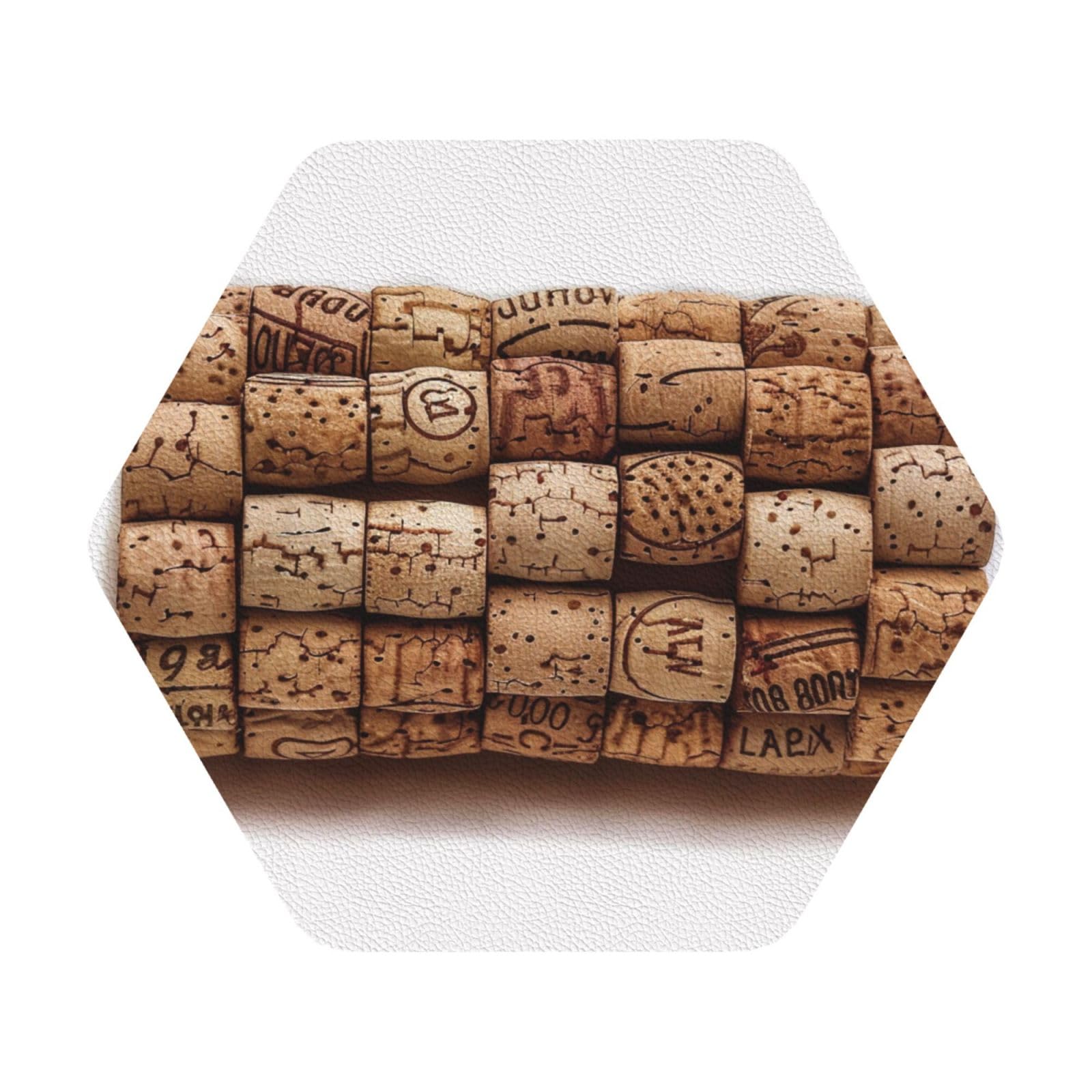Wine cork Print Leather Coaster Set of 6, Hexagon Coasters Table Decorative Coffee Cup Beverage Coasters Wine Beer Bar Coasters for Hot Drinks Table Protection