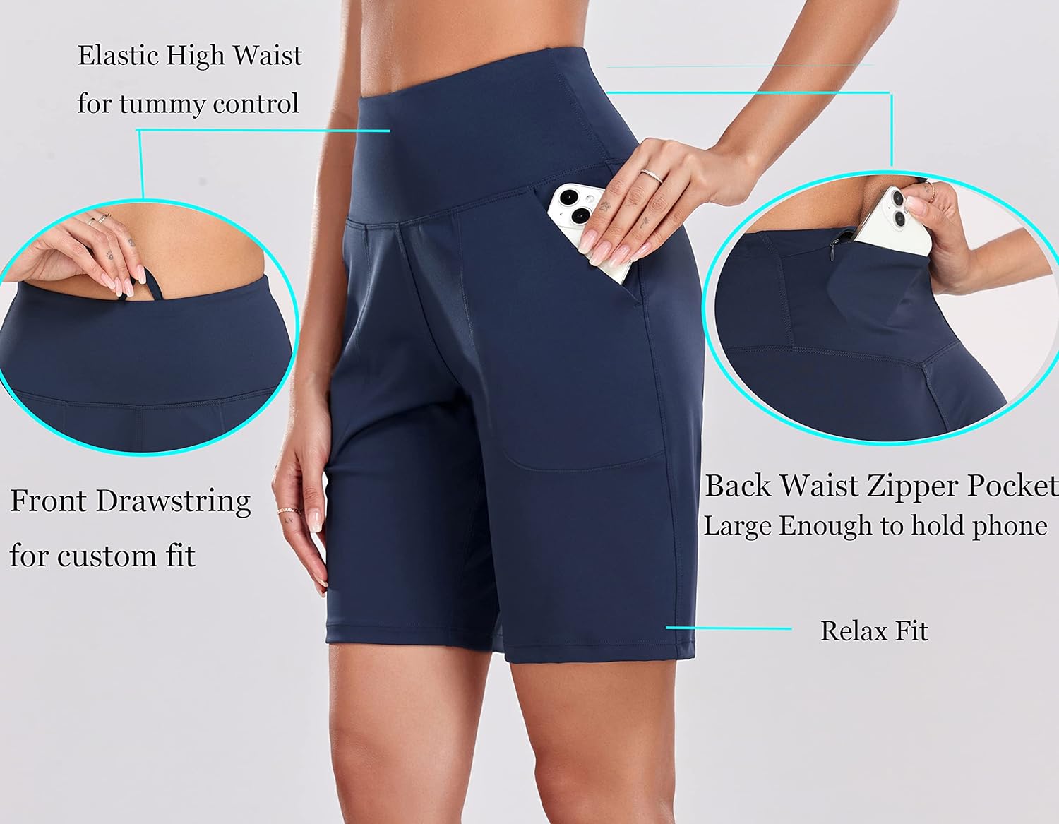 Oalka Women's High Waisted Shorts Yoga Workout Bermuda Long Hiking Shorts with Pockets - Image 3