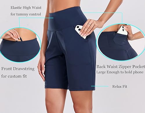 Miniatura 3 de Oalka Pantalones cortos de cintura alta para mujer, para yoga, entrenamiento, bermudas largas para senderismo con bolsillos