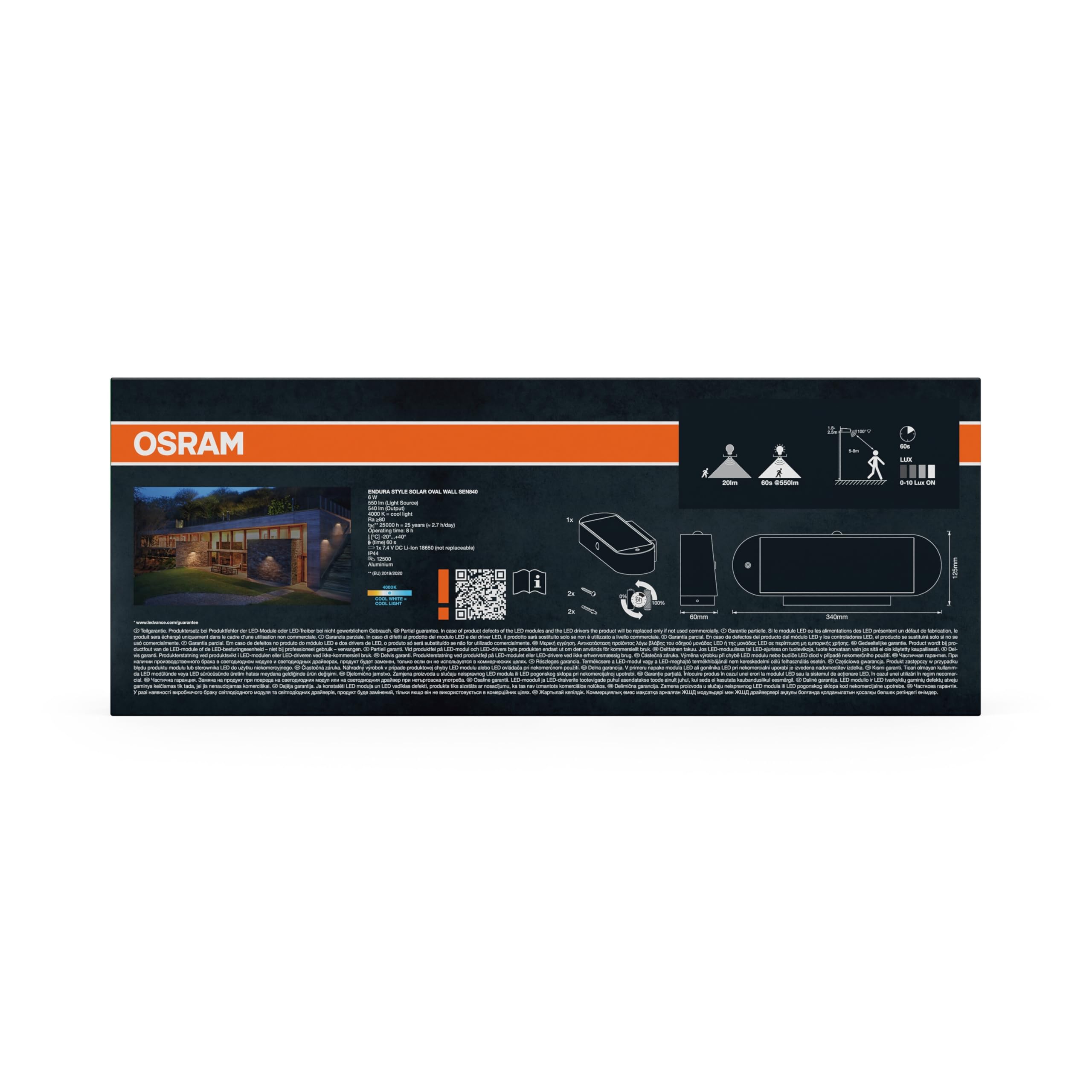 OSRAM ENDURA Style Owalny kinkiet solarny, Zimnobiałe światło (4000K), zintegrowany czujnik, możliwość pracy bez zasilania, długa trwałość baterii: 30 razy 60 sekund w trybie PIR, stopień ochrony