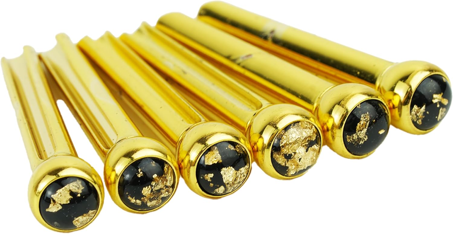 Guyker Guitar Bridge Pins, 6 Pcs Brass Pins Endpin with Gold Foil Pattern for 6 String Acoustic Folk Guitar Nail Pegs Fixed Cone Replacement Parts 1 Set (GX-002)