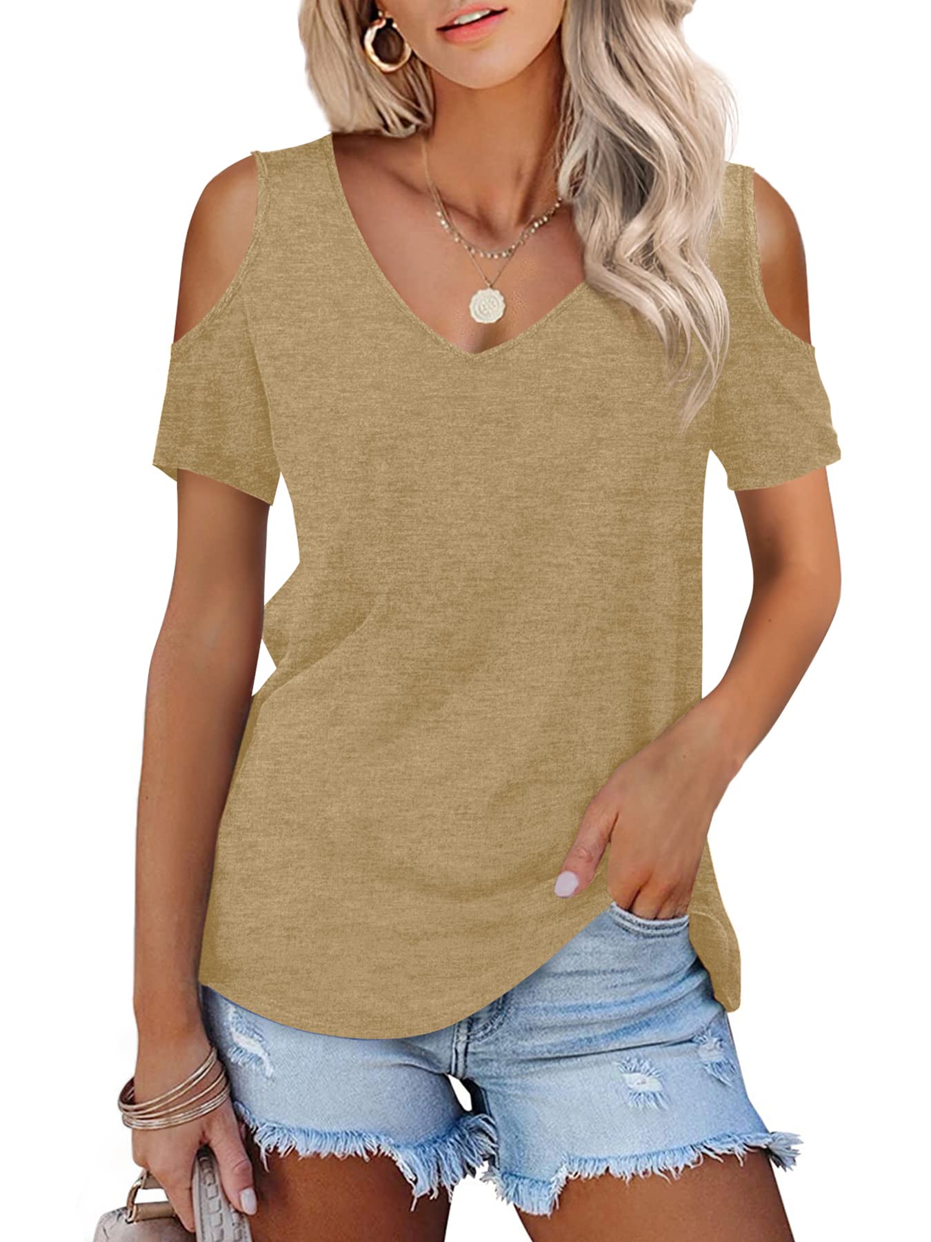 Amoretu Womens Short Sleeve Cold Shoulder Basic Tee Tops Shirts