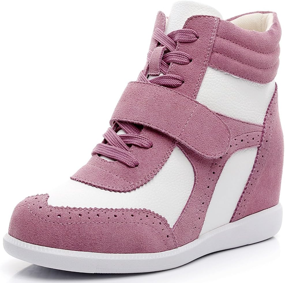 rismart Women's Wedge Heel Hook&Loop Brogue High Top Comfortable Stylish Trainers Shoes SN8599(Pink&White,uk5.5)