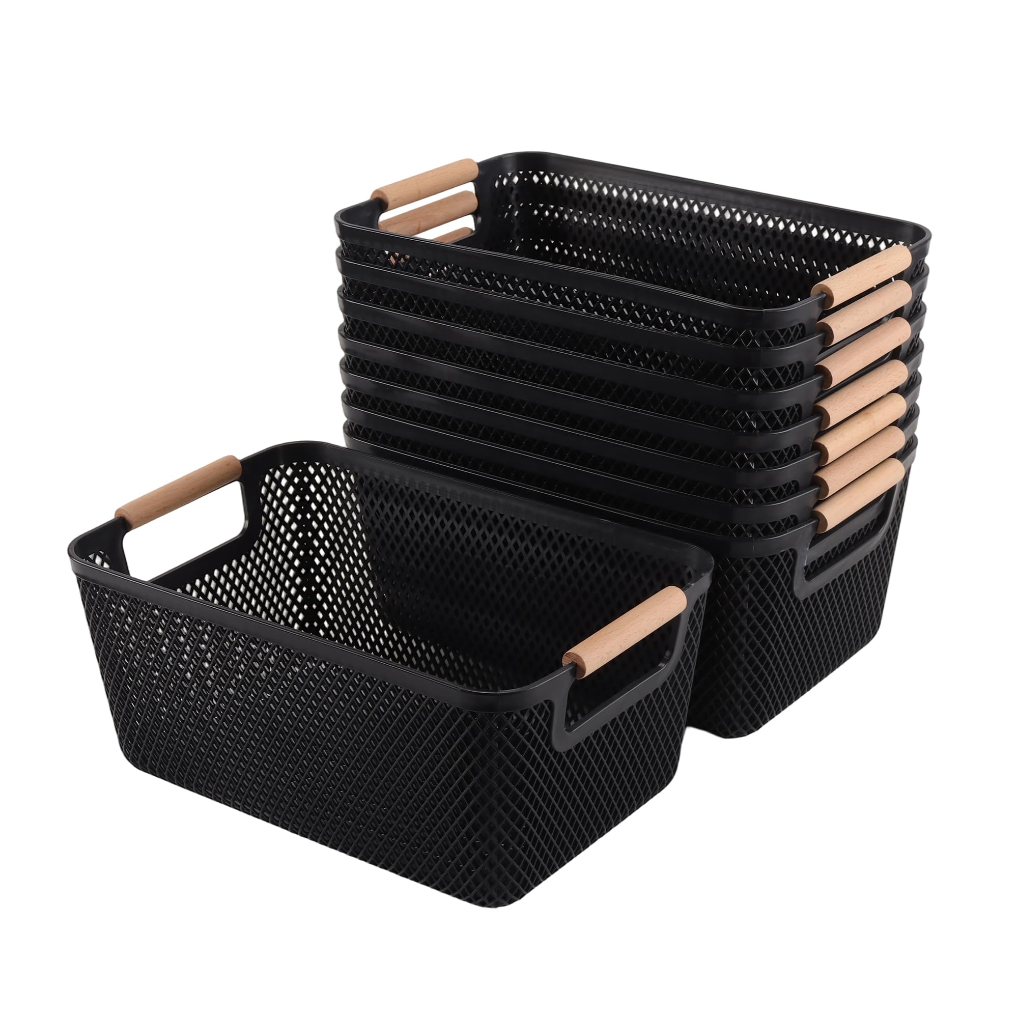 TAICHEUT 8 Pack Black Plastic Mesh Storage Baskets with Wood Handles for Kitchen, Pantry and Bathroom Organisation