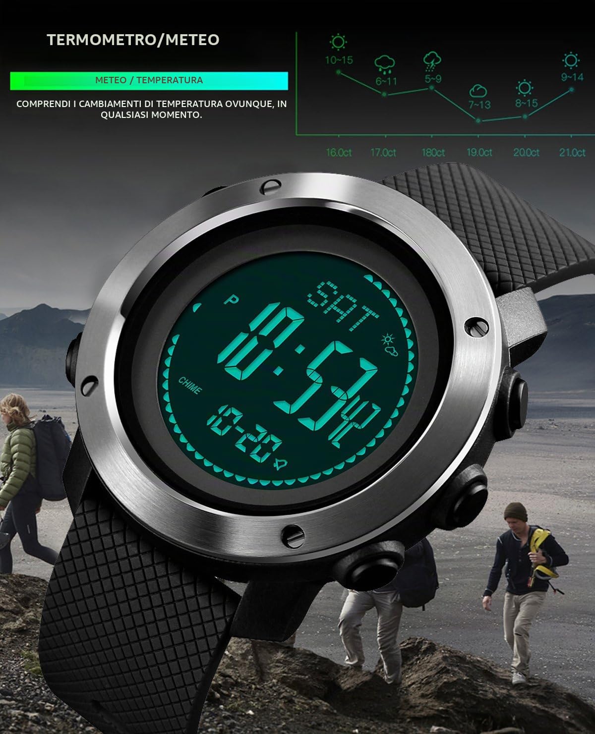 Orologio digitale da uomo con bussola, contapassi, barometro, altimetro, contatore alla rovescia, termometro, sport, militare