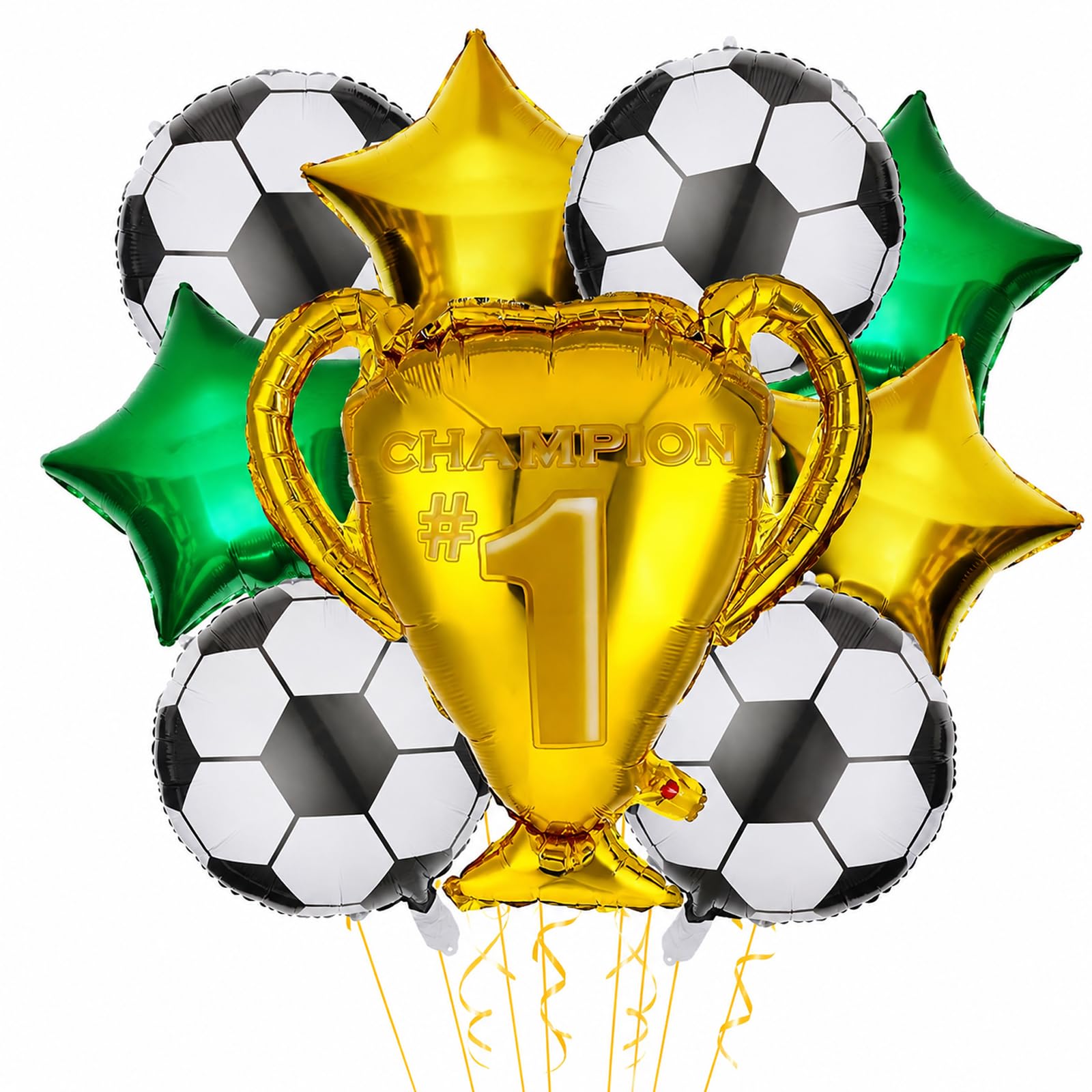 Bolosa Football Balloons 9 Pcs Foil Set, Trophy Balloon Centrepiece with Gold and Green Stars and Ribbon, Birthday Party Decorations for Kids Boys Girls Fans, Match Day and Team Celebration