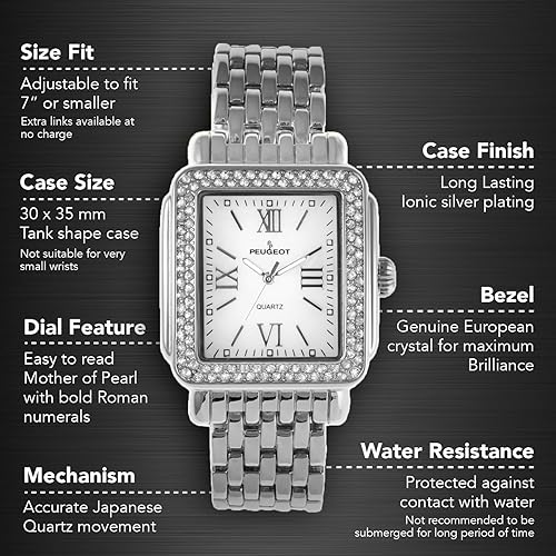 Miniatura 2 de Peugeot - Reloj de vestir rectangular para mujer con bisel decorado de cristal números romanos y pulsera