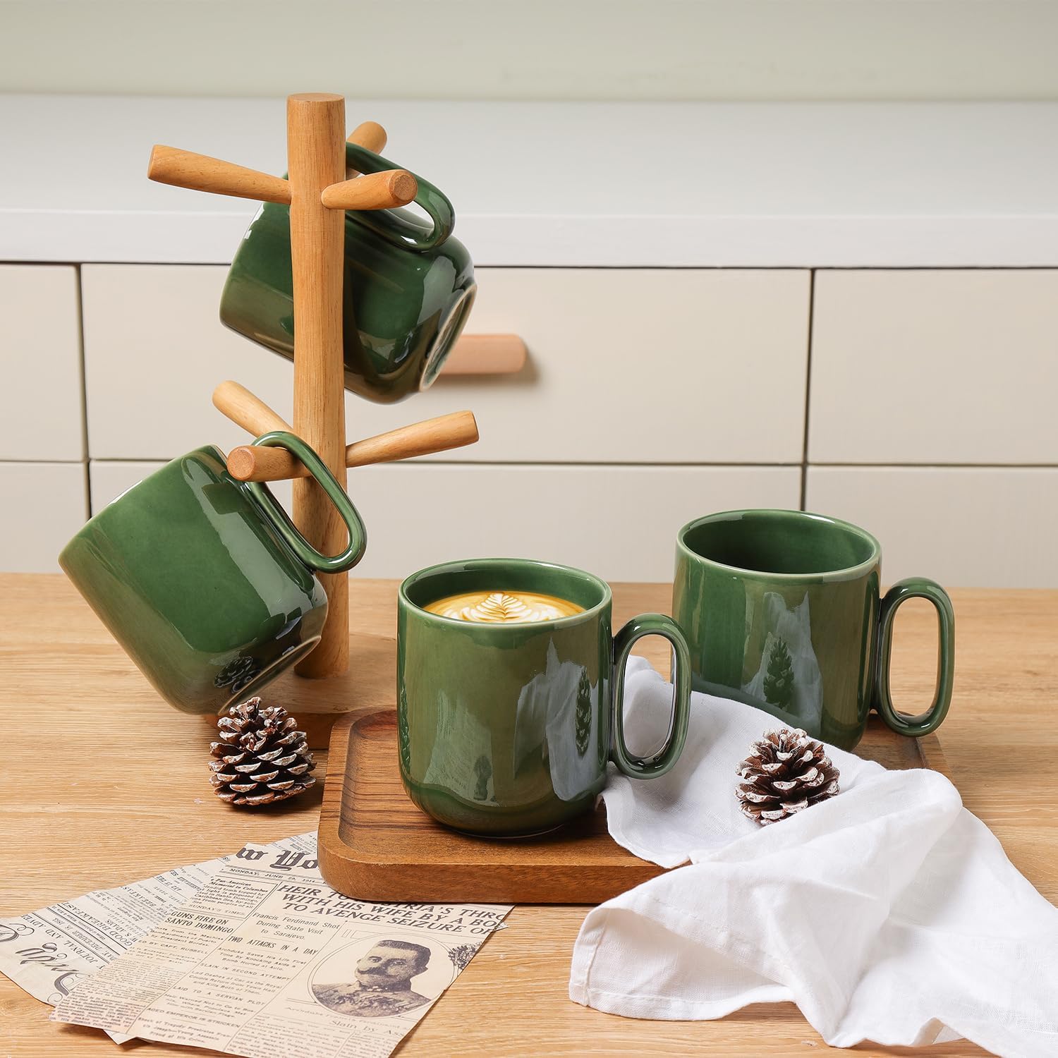 vicrays Ceramic Coffee Mug Set - 18 Ounce Large Stoneware Mug for Men Women - Unique Glazed Porcelain Mugs with Handle for Coffee Latte Tea Milk Cocoa - Set of 4 (Green) - Image 6