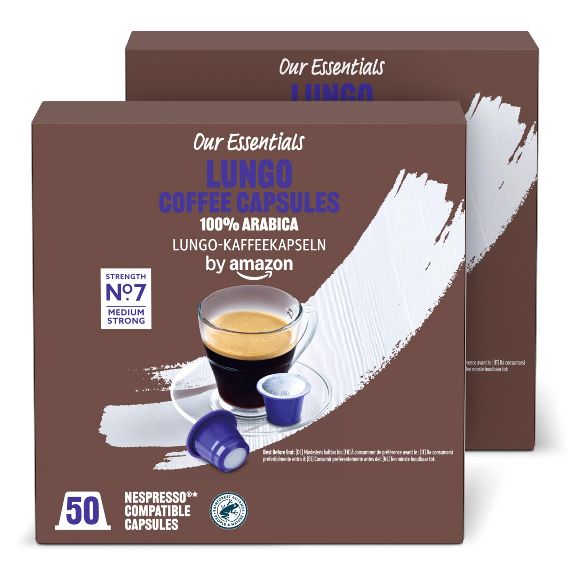 by Amazon Lungo Plastic Coffee Capsules Nespresso Compatible, Medium Roast, 100 Count (2 Packs of 50) - Rainforest Alliance Certified