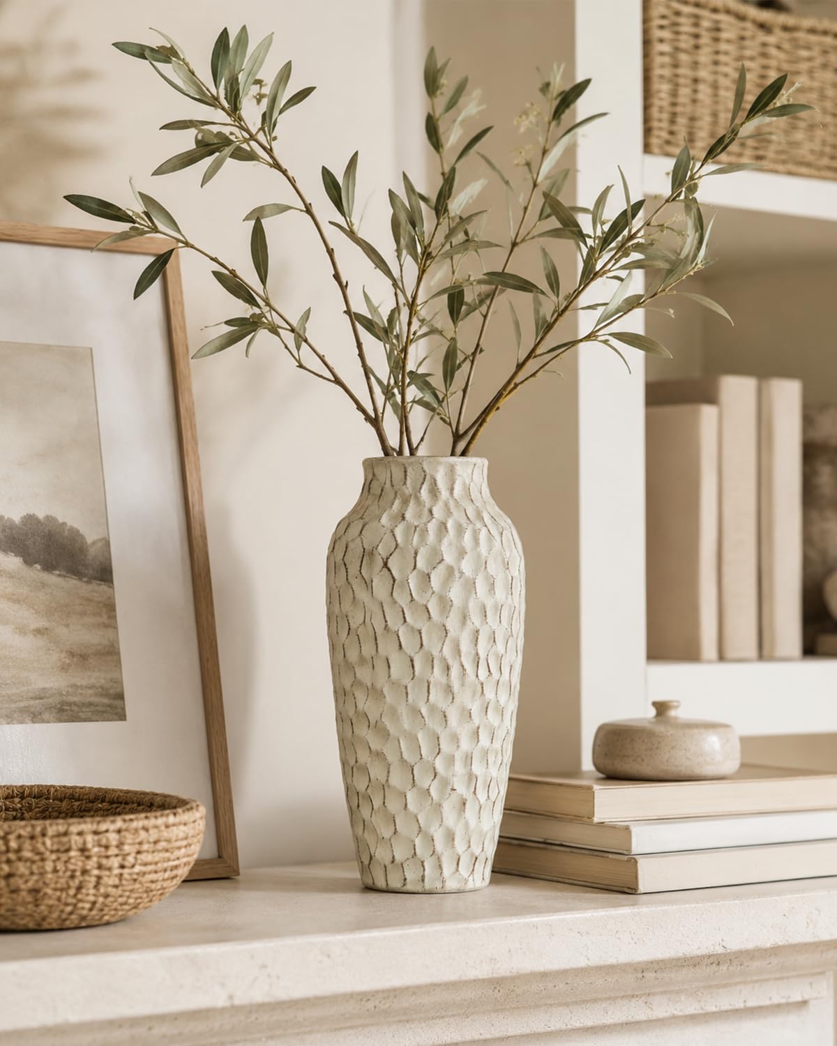 12.4 Inch Large Yellow Textured Ceramic Tall Vase for Rustic Home Decor