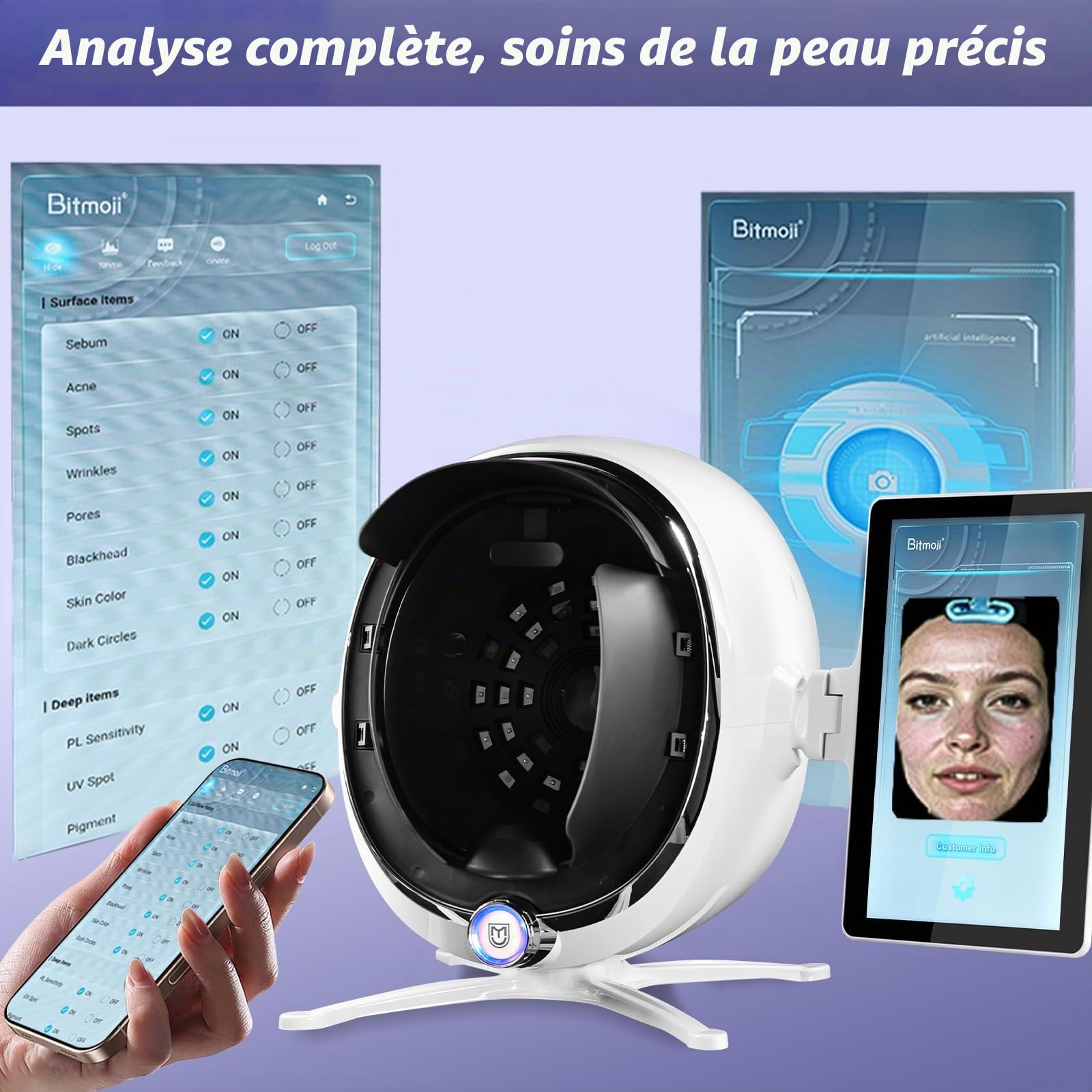 Analyseur de peau numérique 3D de 33,3 cm, machine d'analyse intelligente de la peau du visage, 38 millions de pixels, 8 analyseurs spectraux d'humidité faciale pour salon de beauté, soins de la peau