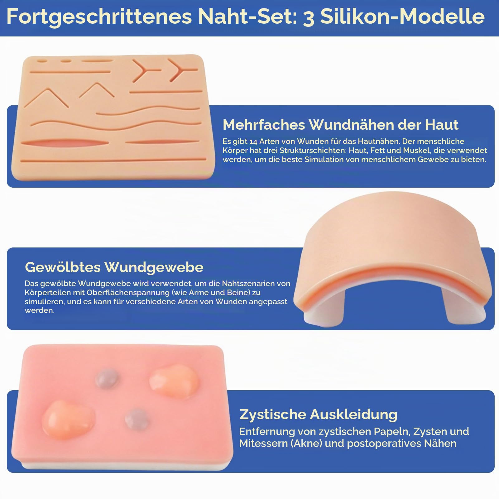 27 Chirurgisches Nahtset Set: 24* Nahtmaterial+3*Silikon-Nähkissen, Suture Practice Kit, Silikon-Nähkissen mit Werkzeugsatz, Wundnaht Übungsset, Chirurgisches Nahtset mit realistischem Pad