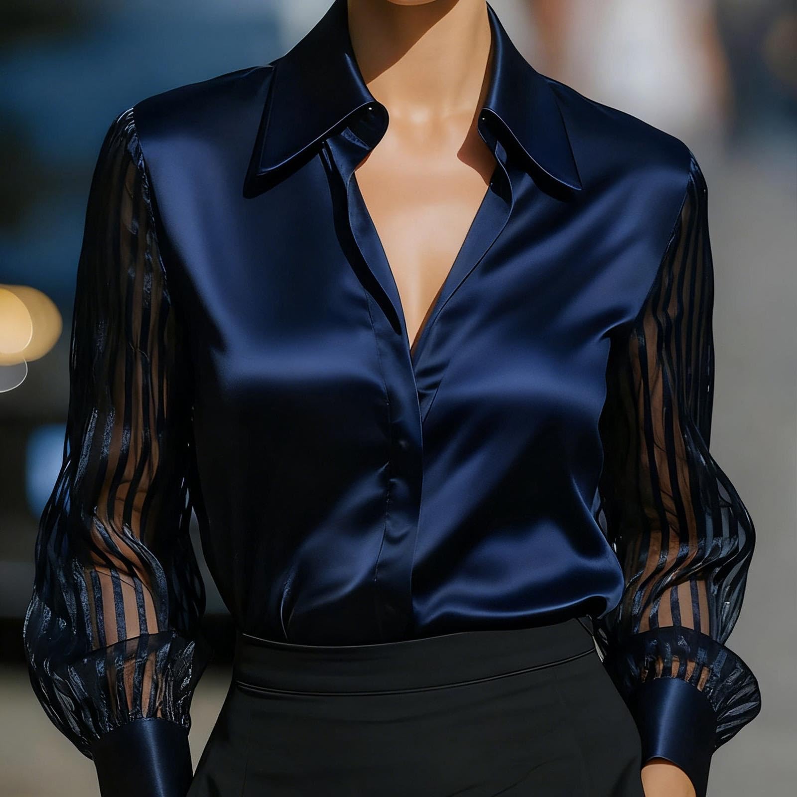 Chemise Femme Satin Col en V Manches Longues Ample Chemisier Blouse