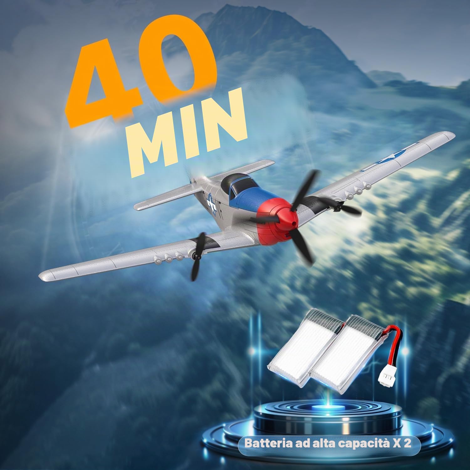 volantexrc P51D Mustang 3 Canali AereoRadiocomandato RTF con 2 Batterie 3CH RC Plane RTF RC Giocattolo aliante per Principianti, Bambini, Adulti